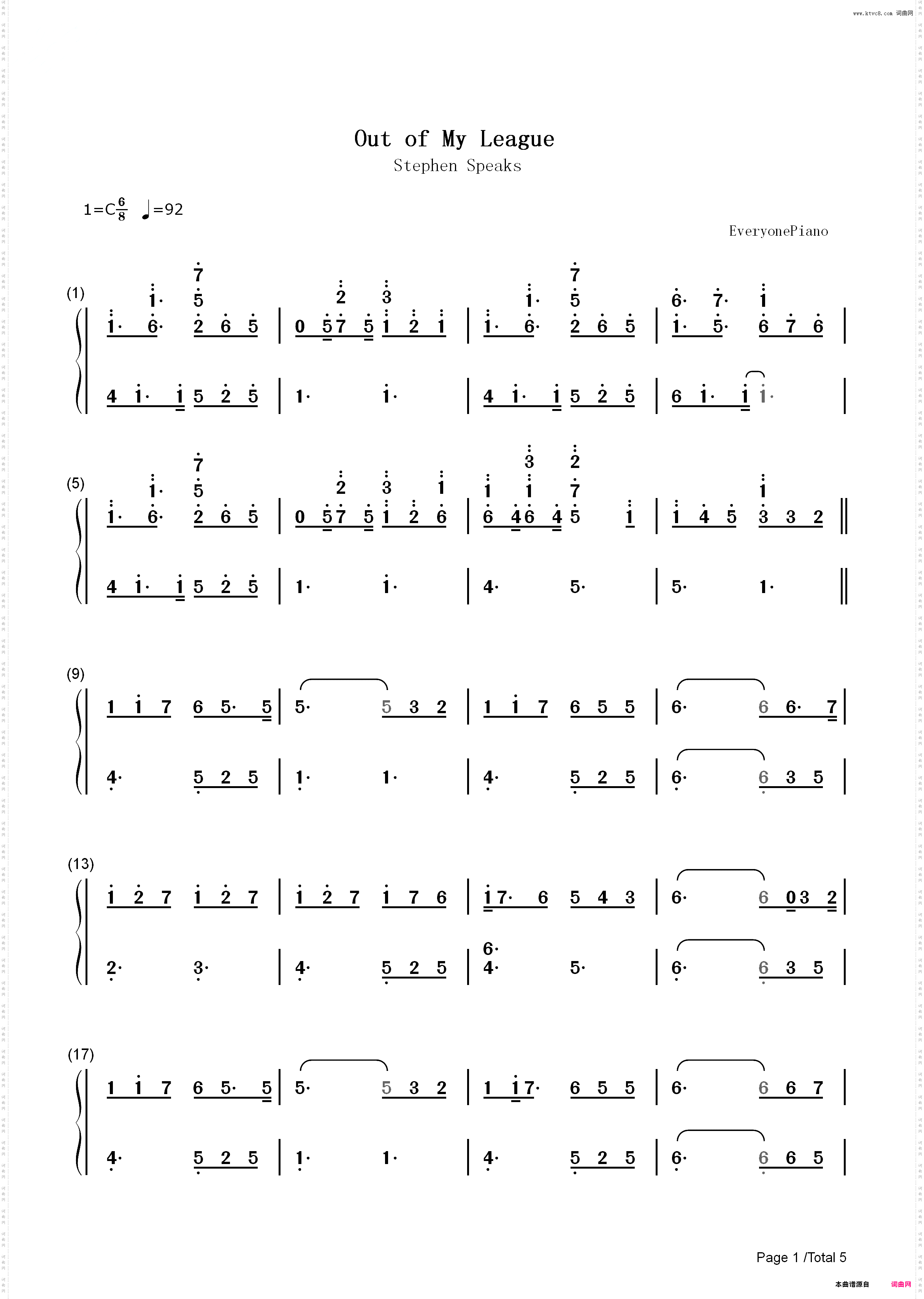 Out Of My League-Stephen Speaks_简谱版