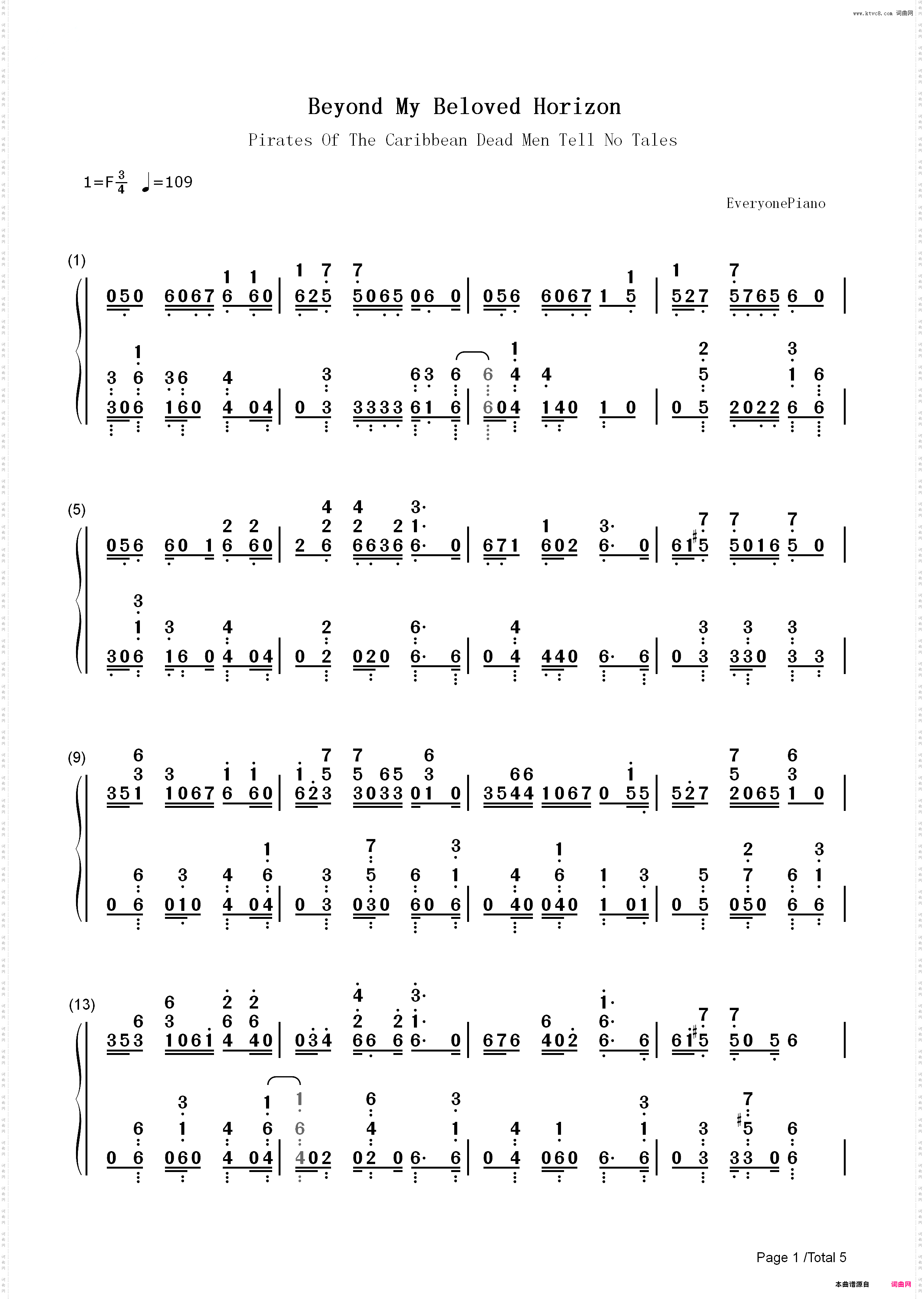 Beyond My Beloved Horizon-加勒比海盗5：死无对证_简谱版