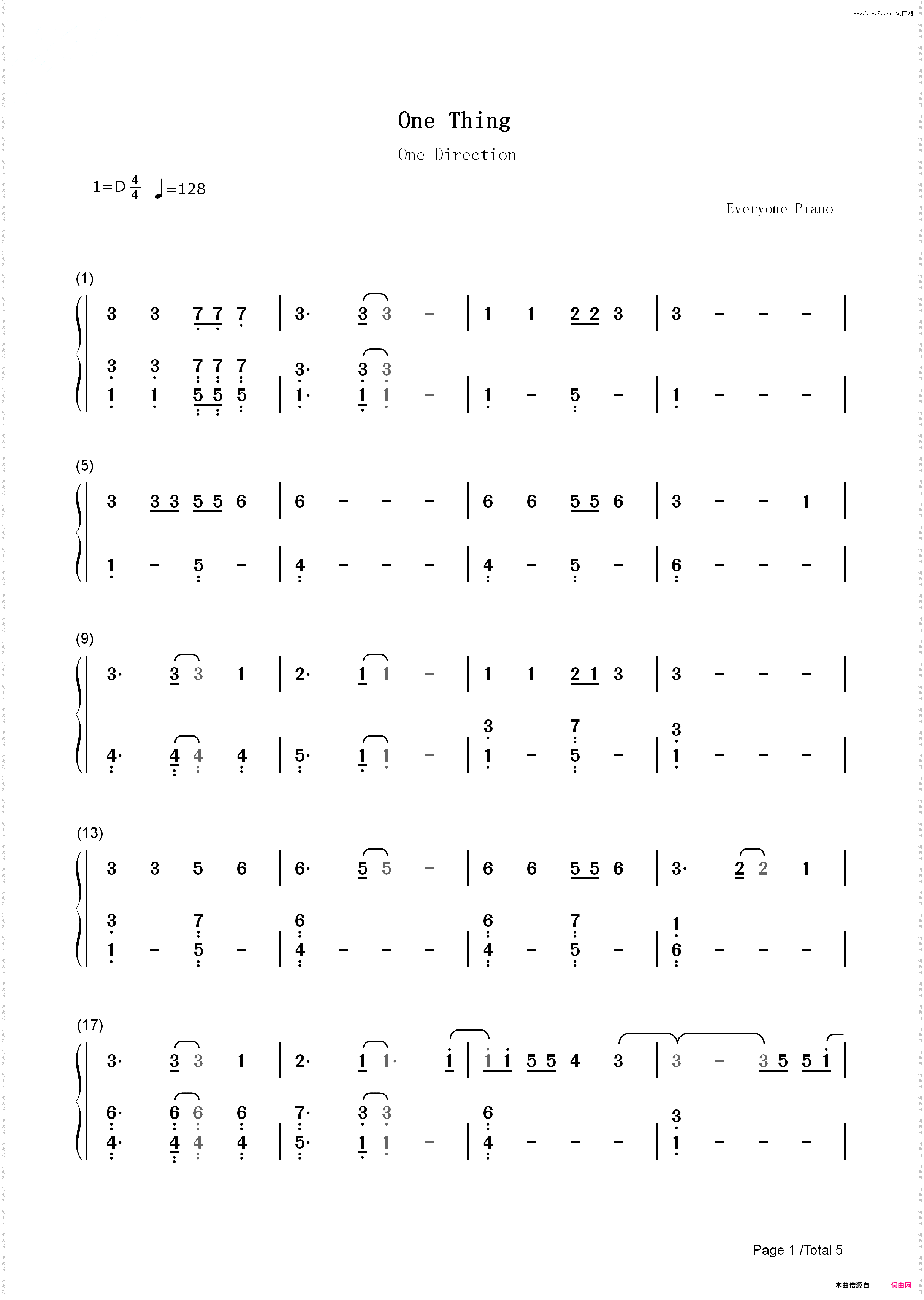 One Thing-One Direction_简谱版