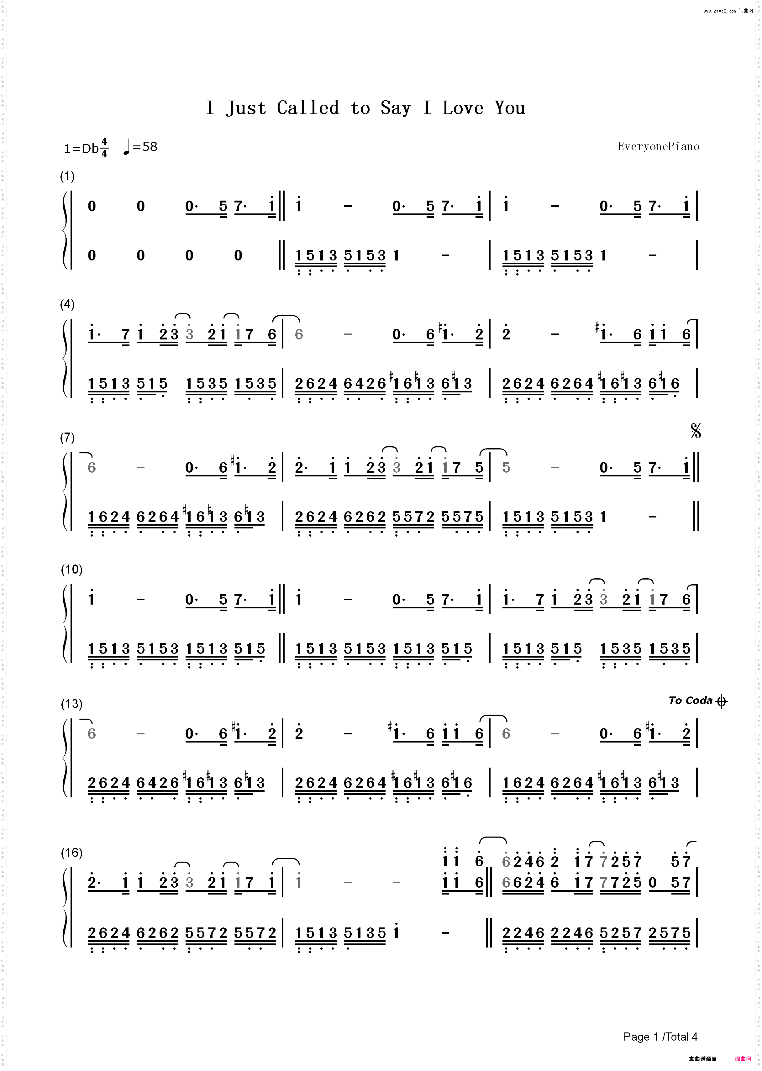 I Just Called to Say I Love You-电话诉衷情-Stevie Wonder_简谱版