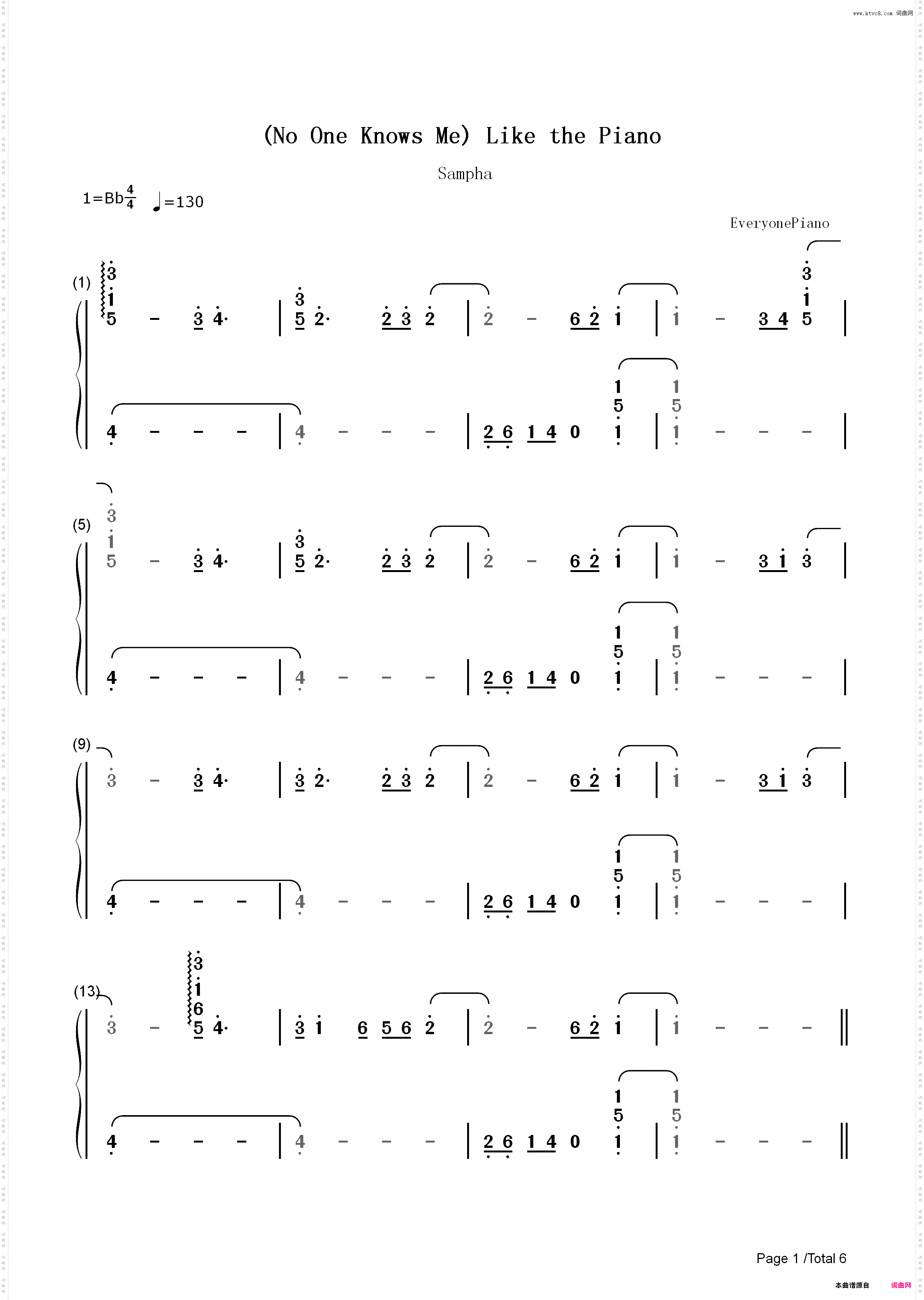 No One Knows Me Like the Piano-Sampha_简谱版