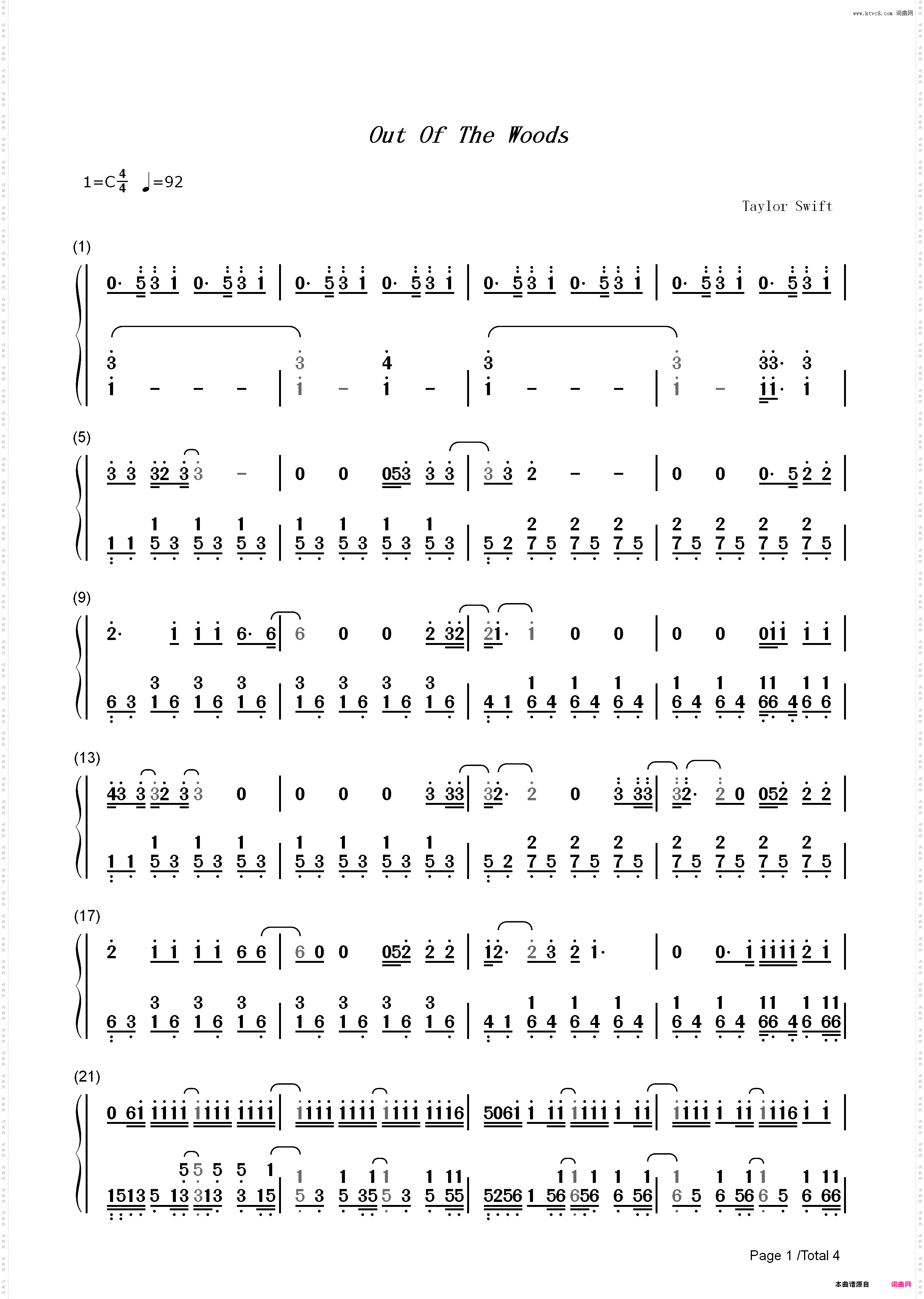 Out of the Woods-Taylor Swift_简谱版