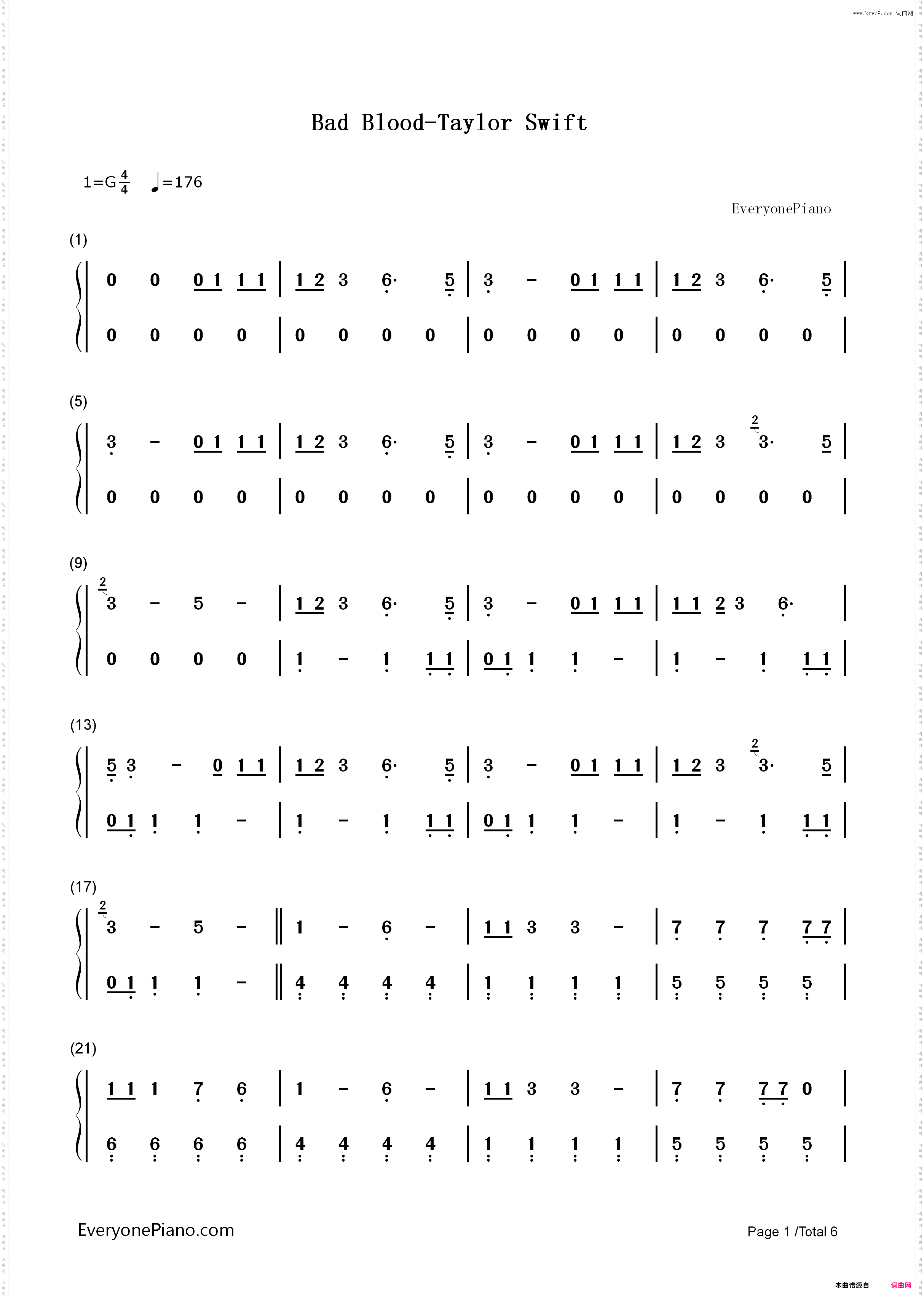 Bad Blood-Taylor Swift_简谱版