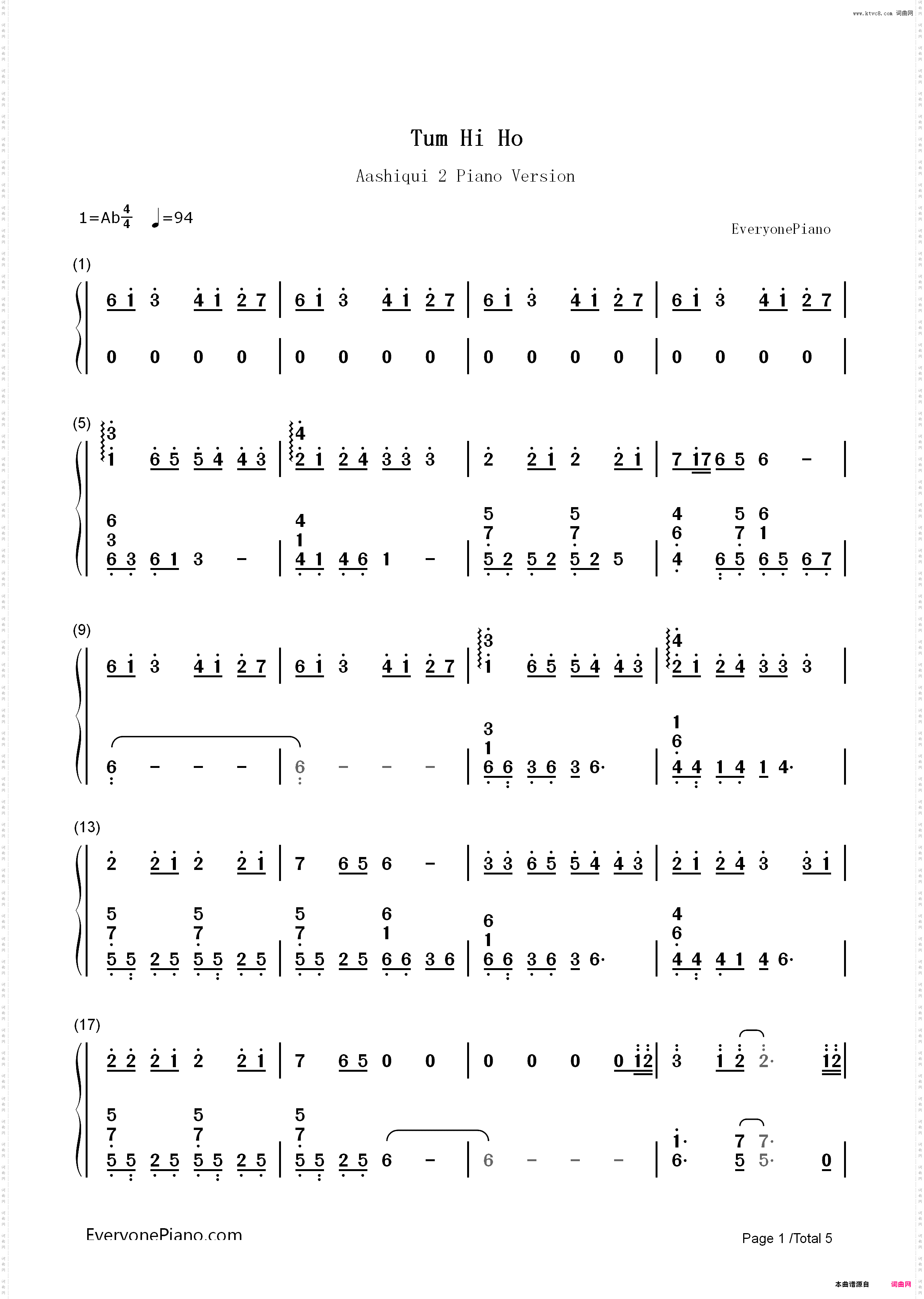 Tum Hi Ho-爱曲2插曲_简谱版