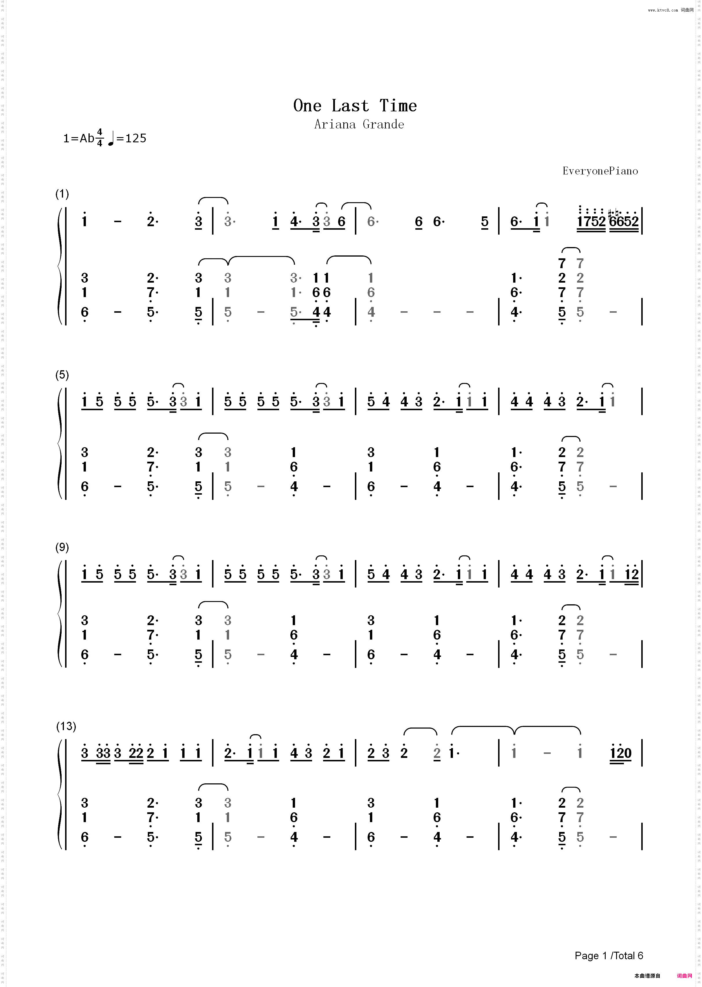 One Last Time-Ariana Grande_简谱版