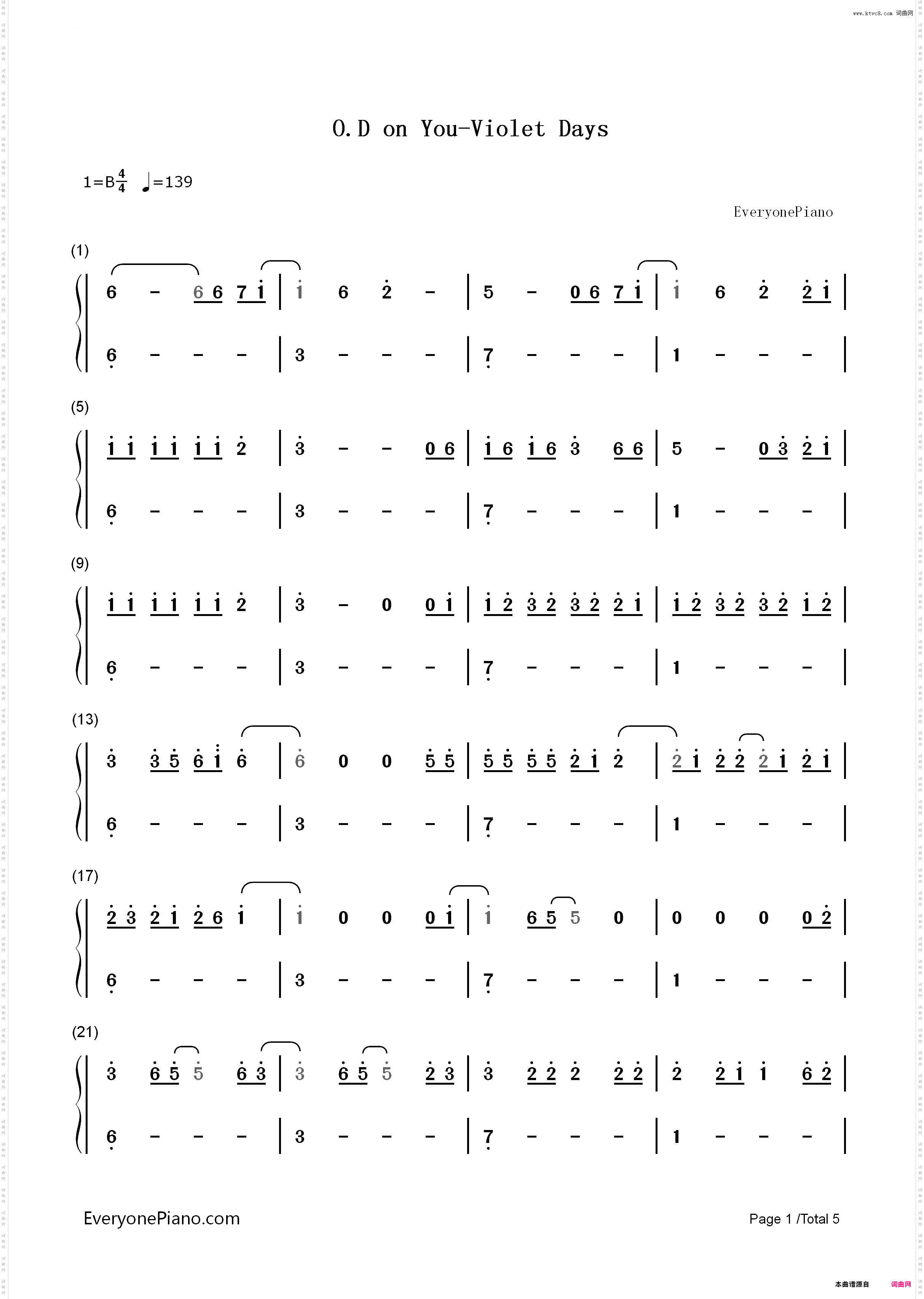 O·D on You-Violet Days_简谱版