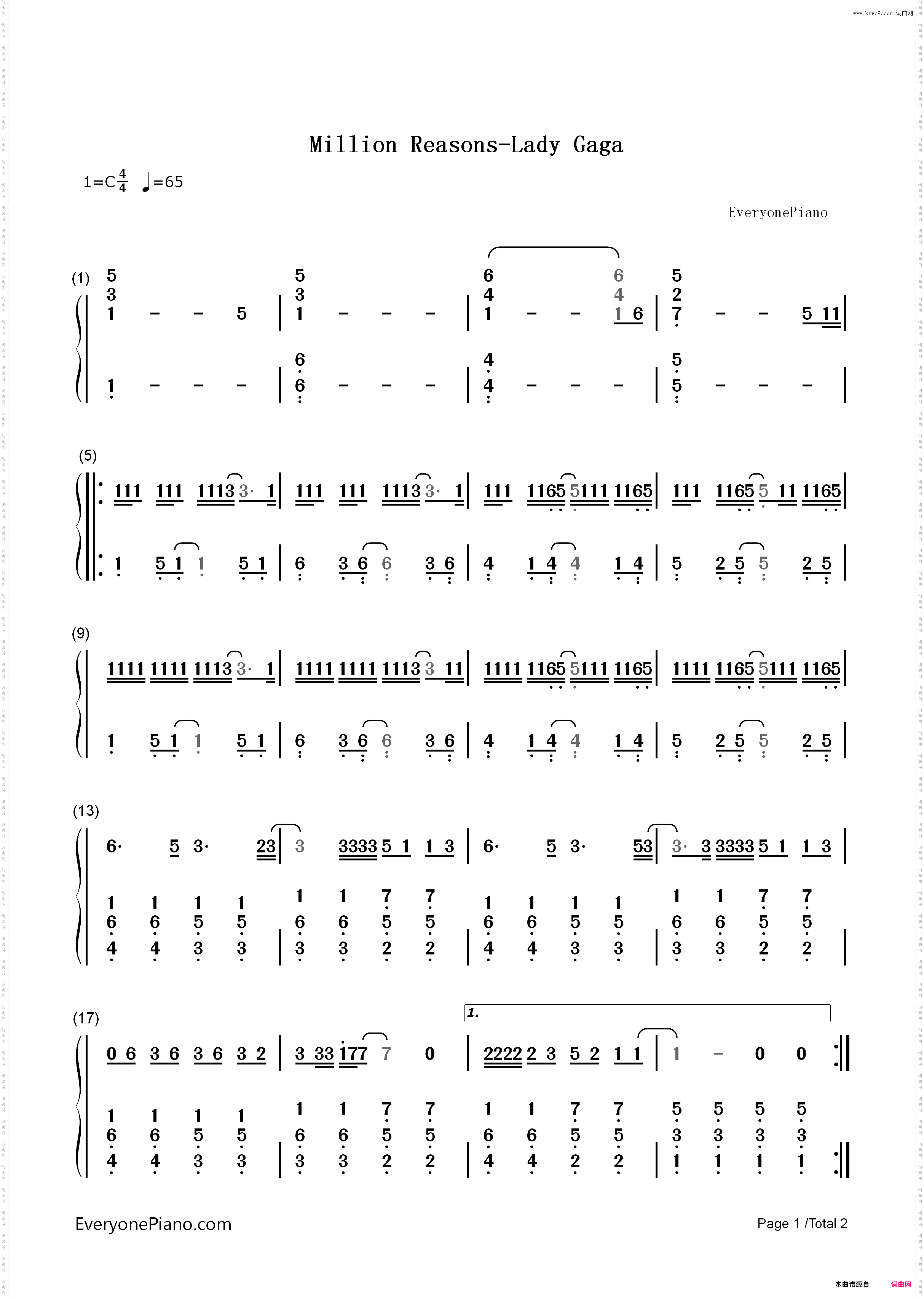 Million Reasons-Lady Gaga_简谱版