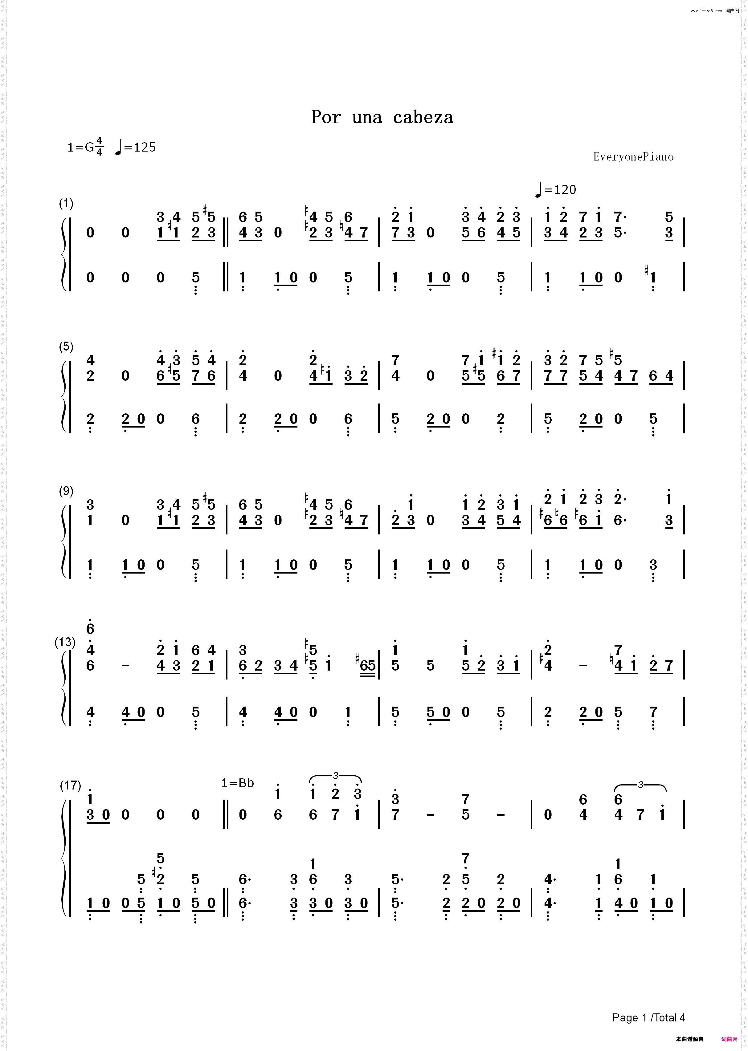 Por Una Cabeza-经典探戈舞曲_简谱版