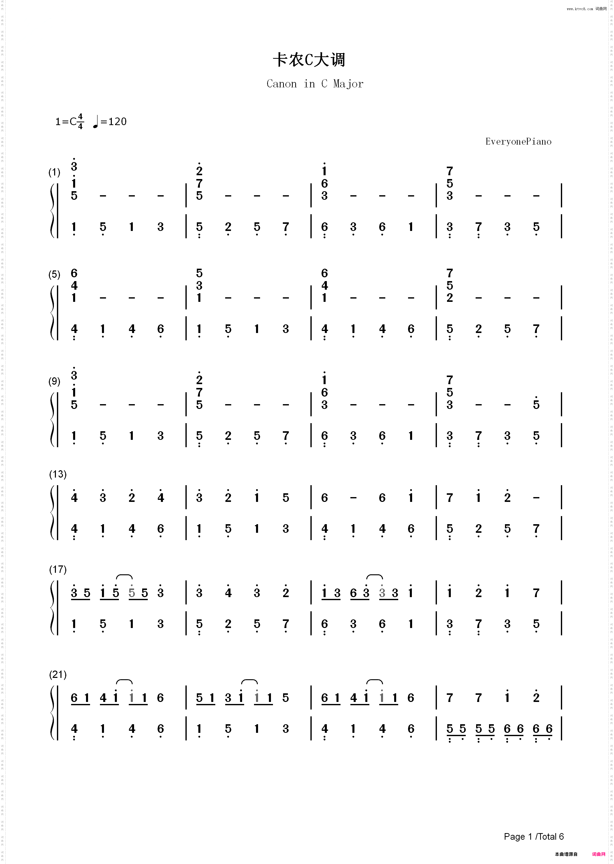 卡农C大调最简版-EOP教学曲_简谱版