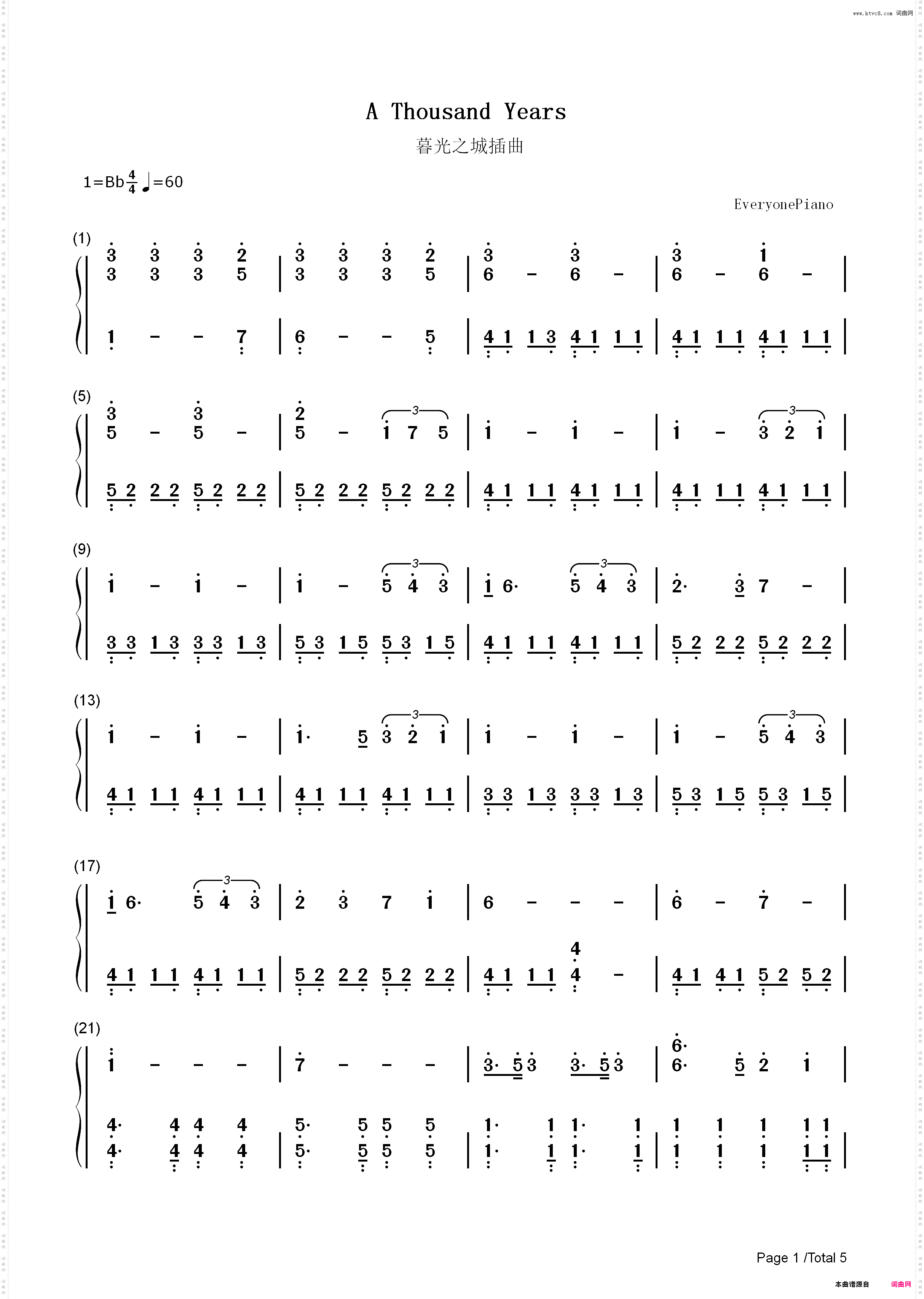 A Thousand Years-暮光之城插曲_简谱版
