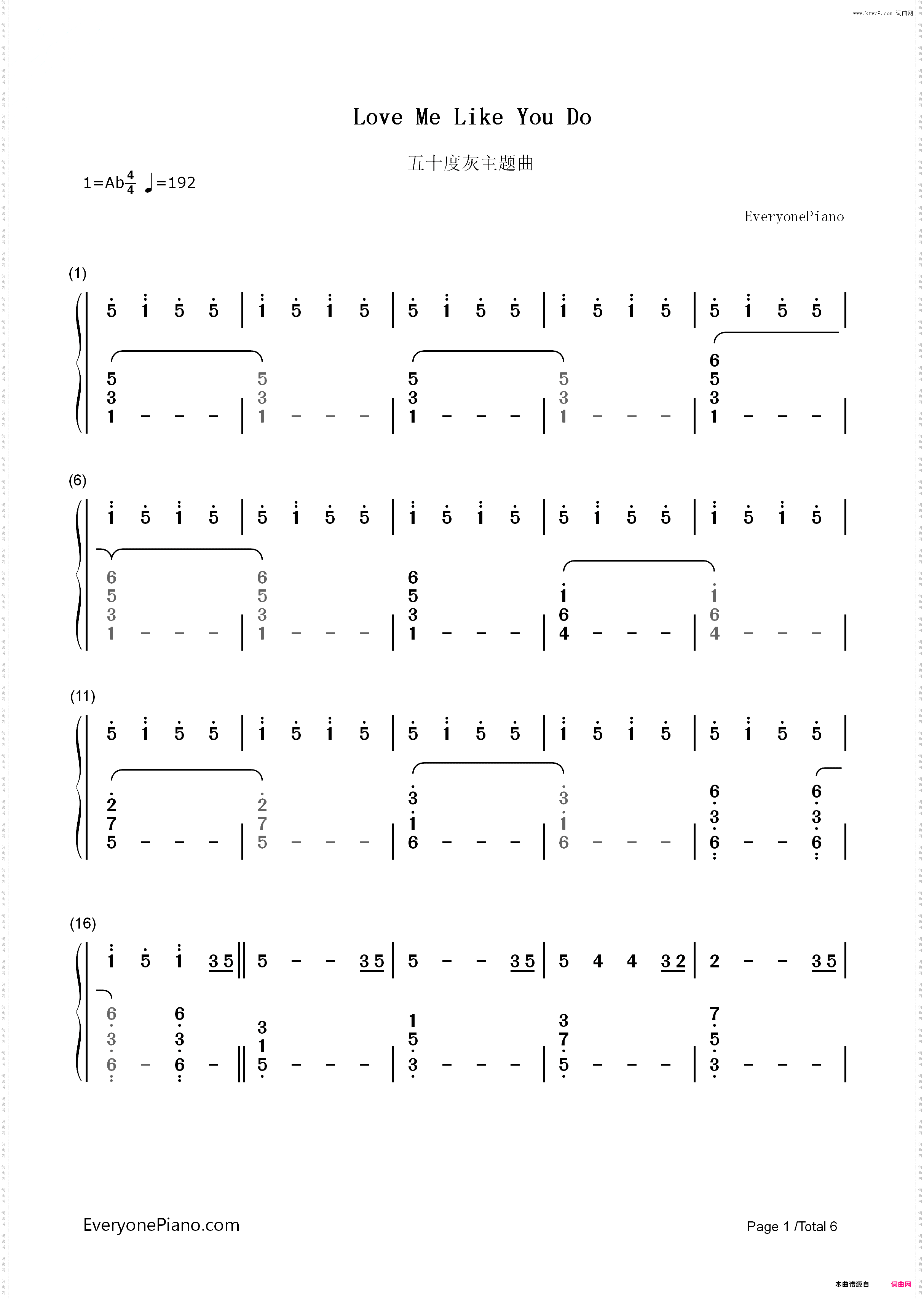 Love Me Like You Do-五十度灰主题曲_简谱版