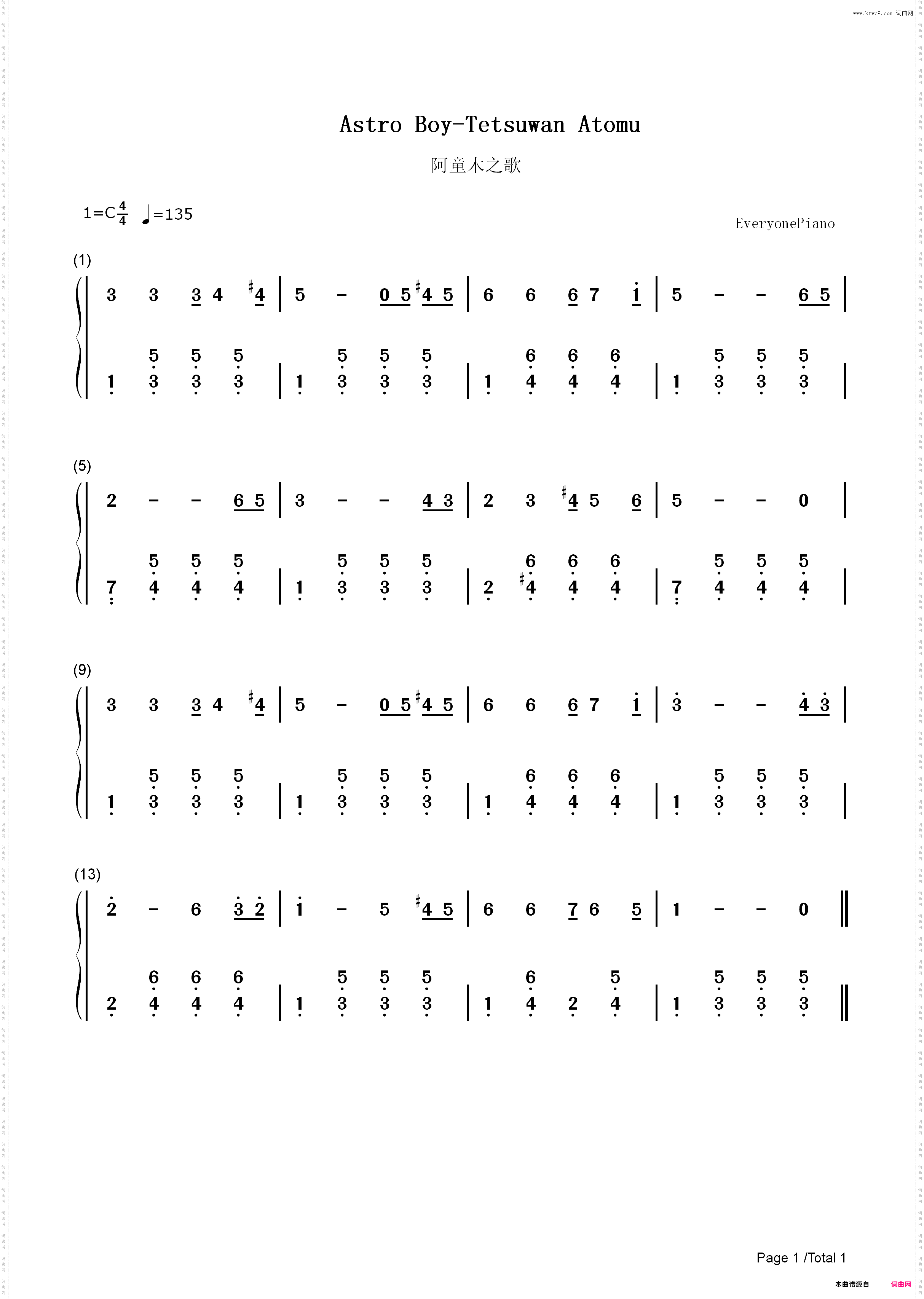 阿童木之歌-铁臂阿童木主题曲_简谱版