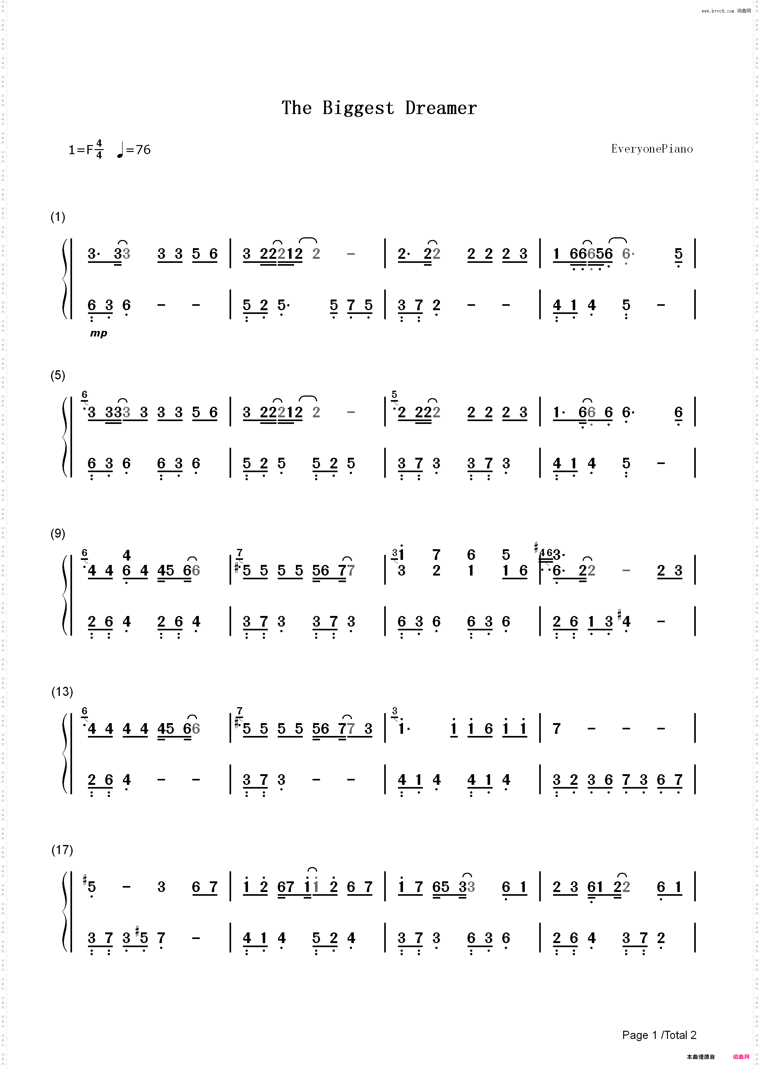 The Biggest Dreamer-驯兽师之王主题曲_简谱版