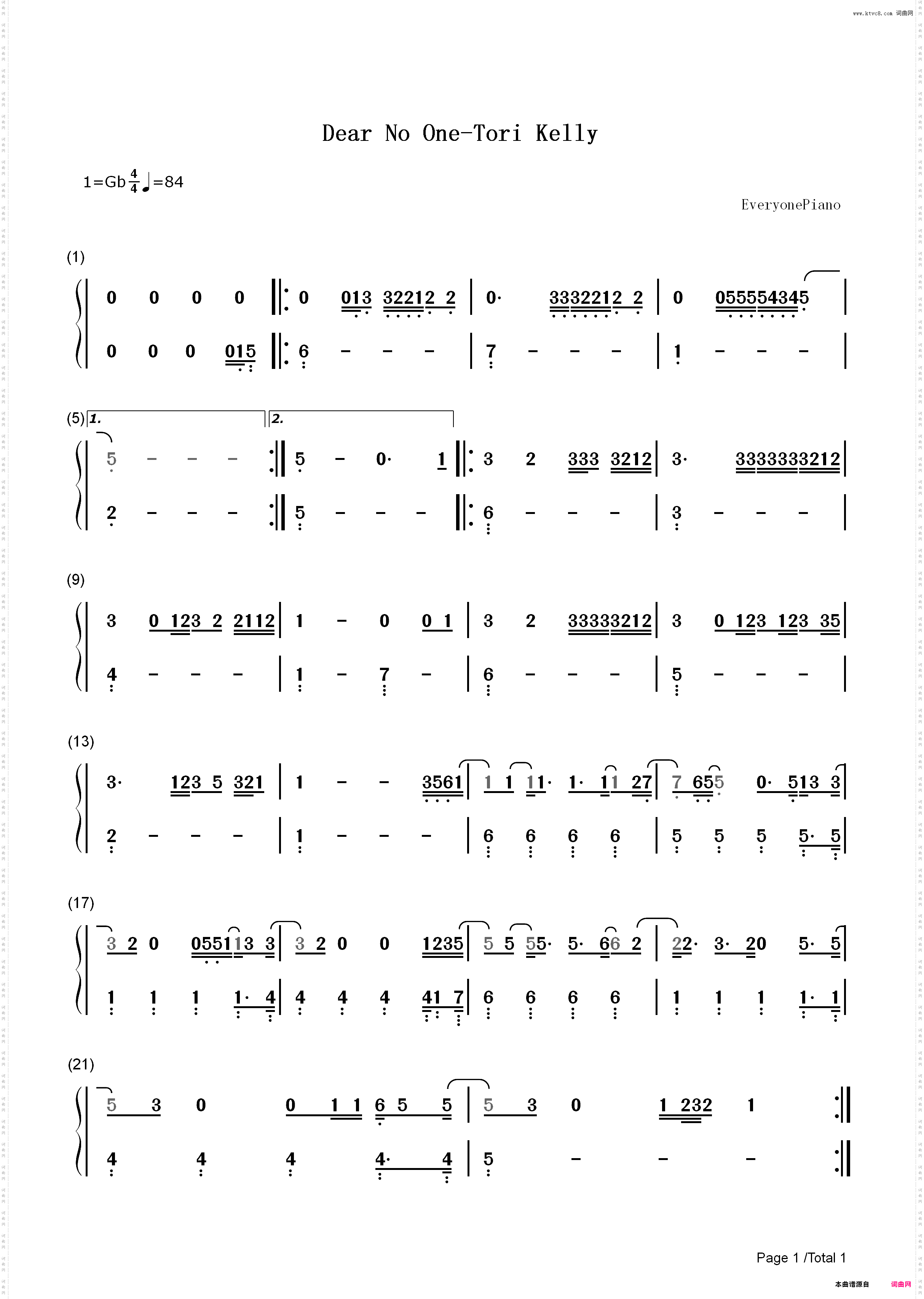 Dear No One-Tori Kelly_简谱版