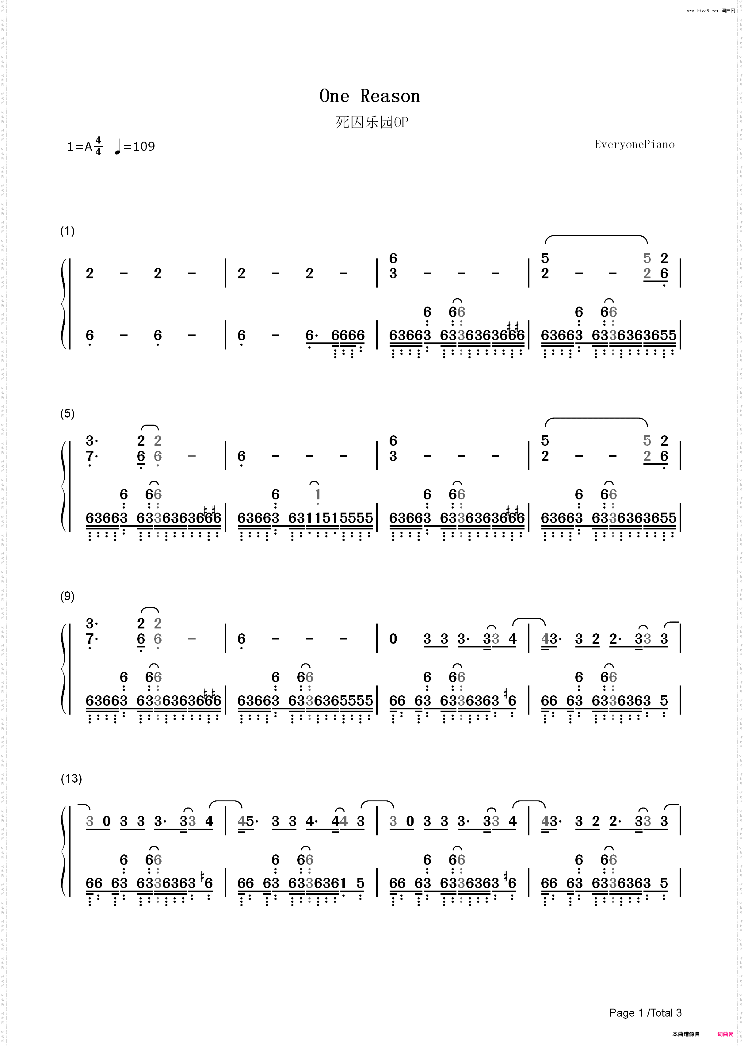 One Reason-死囚乐园OP_简谱版
