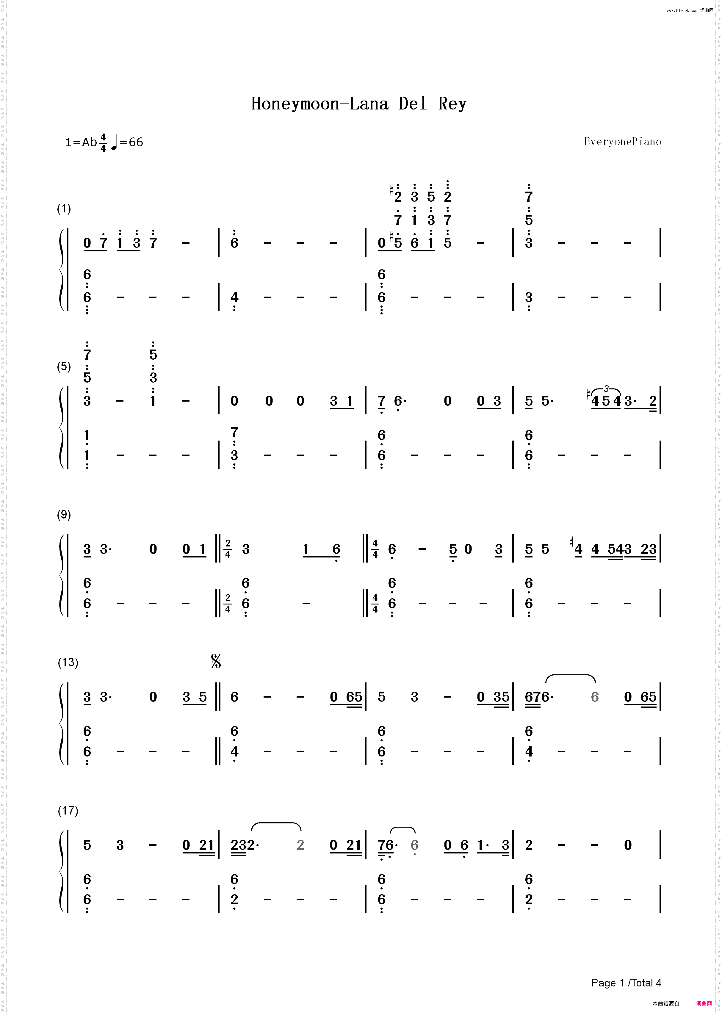 Honeymoon-Lana Del Rey_简谱版