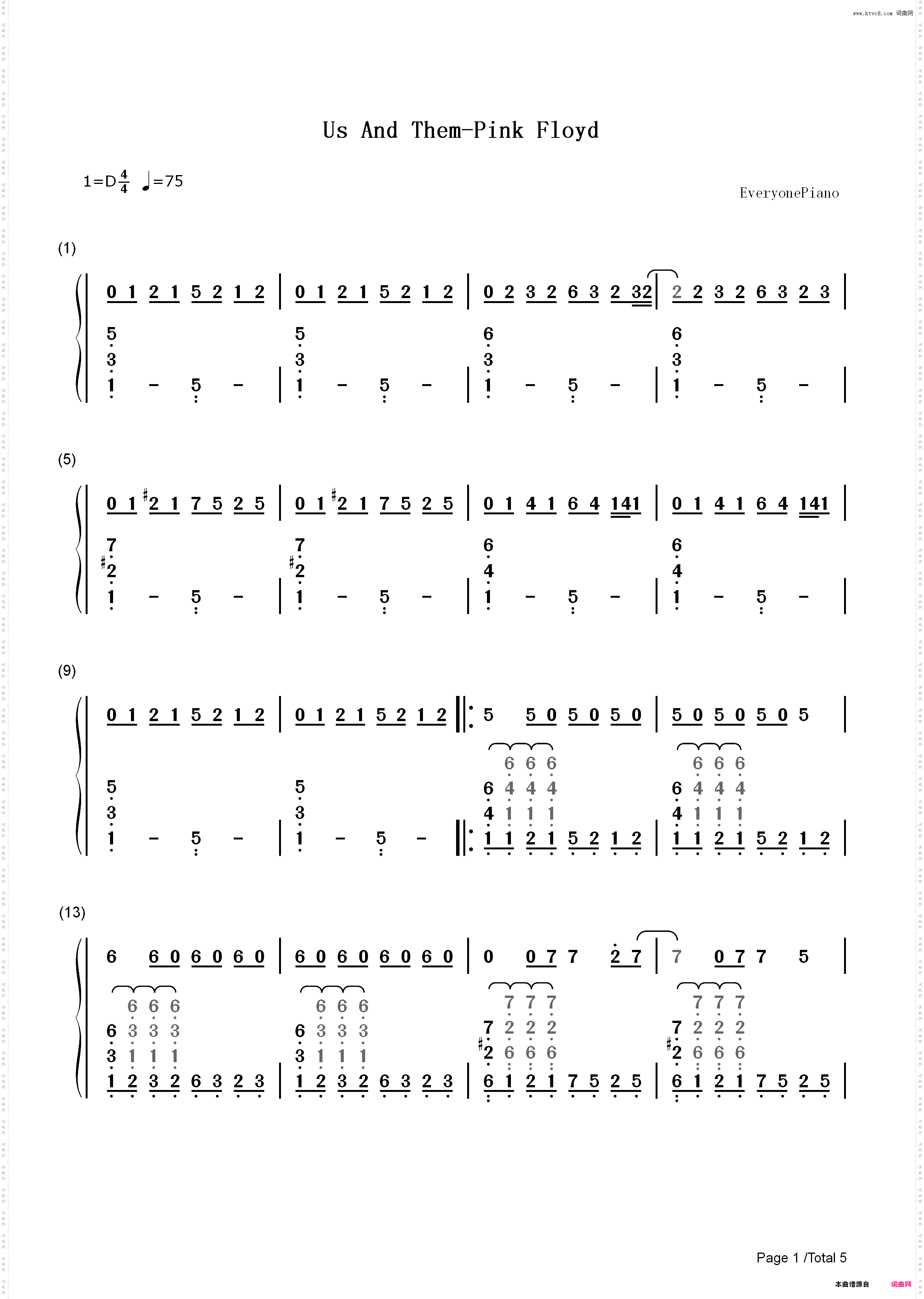 Us and Them-Pink Floyd_简谱版