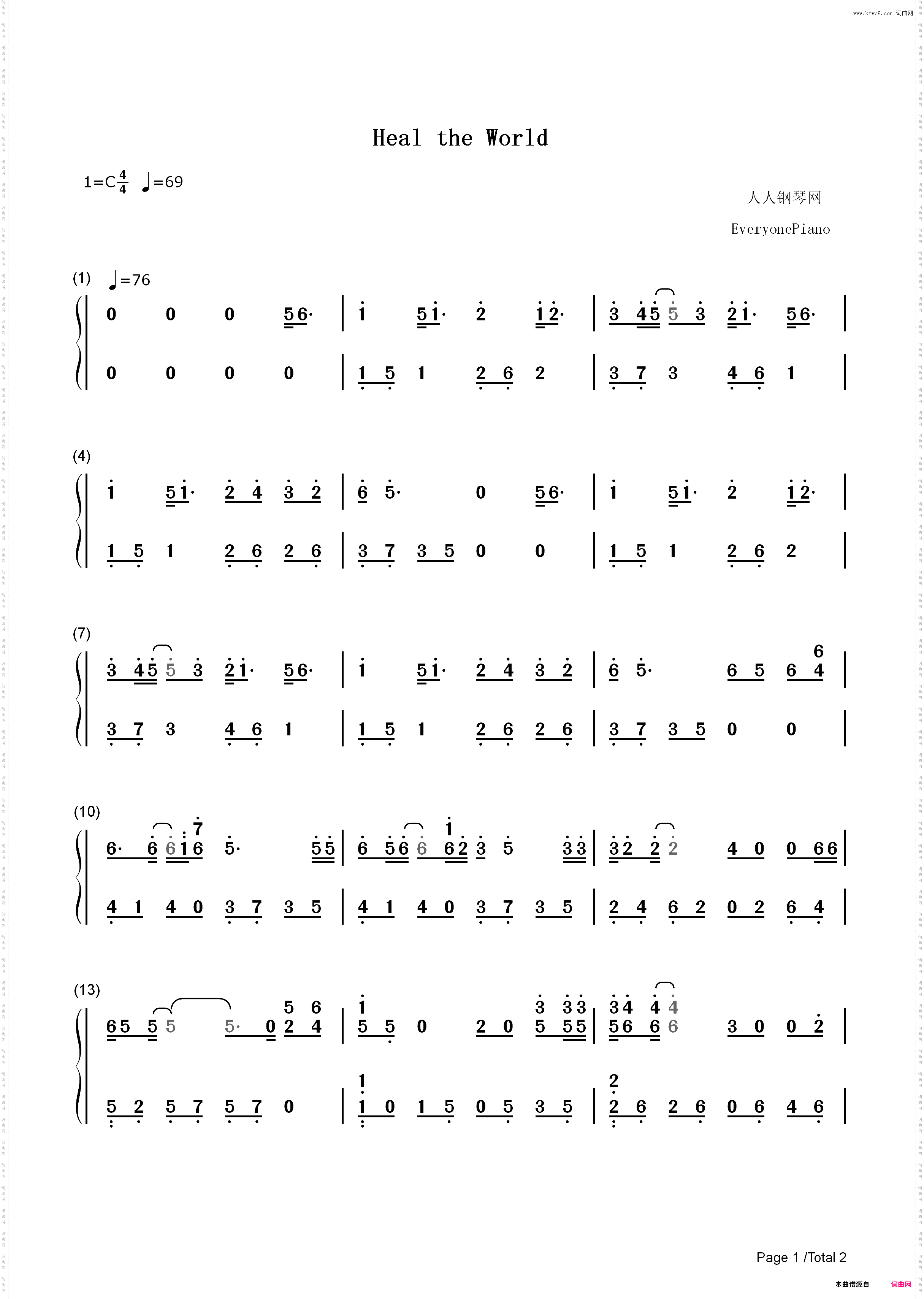 Heal The World-治愈世界简单版-迈克尔?杰克逊_简谱版