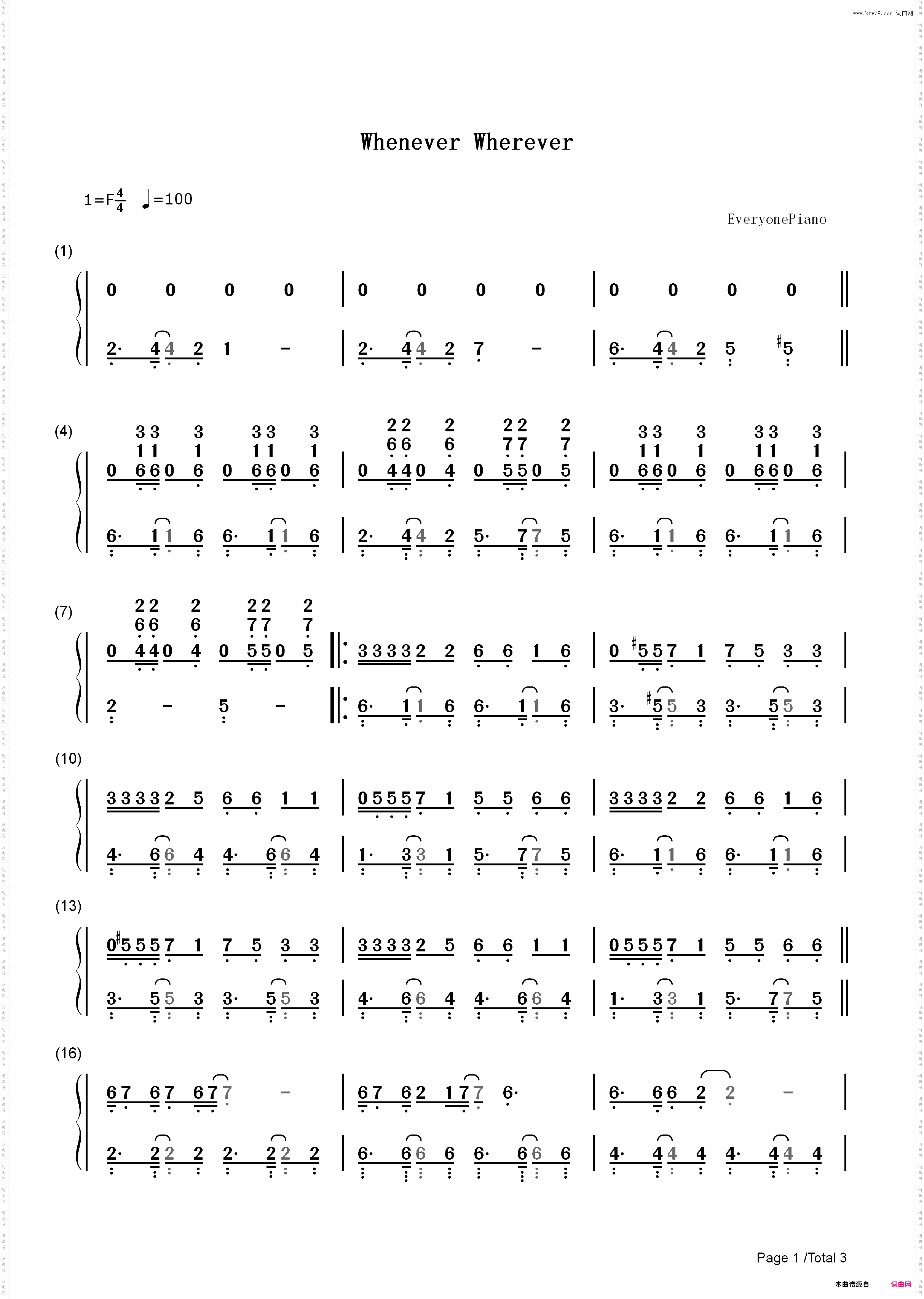Whenever Wherever-Shakira_简谱版