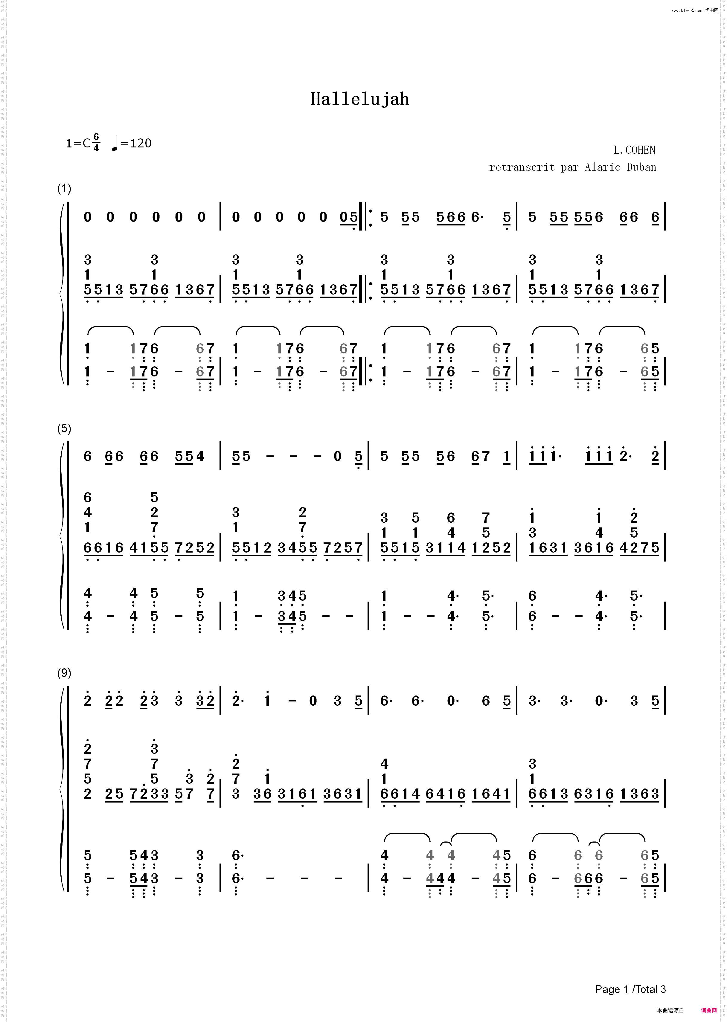 Hallelujah-怪物史莱克OST_简谱版