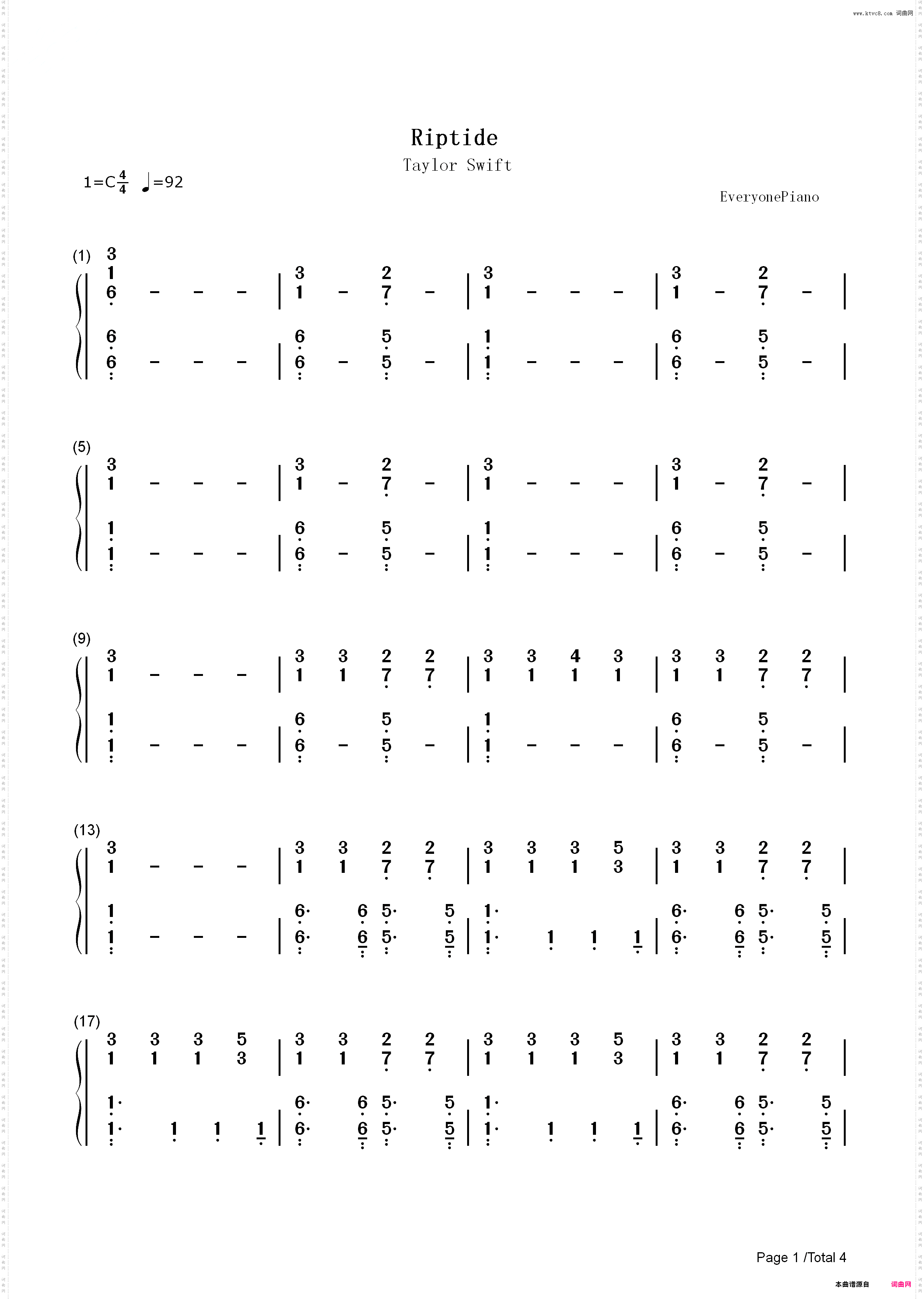 Riptide-Taylor Swift_简谱版