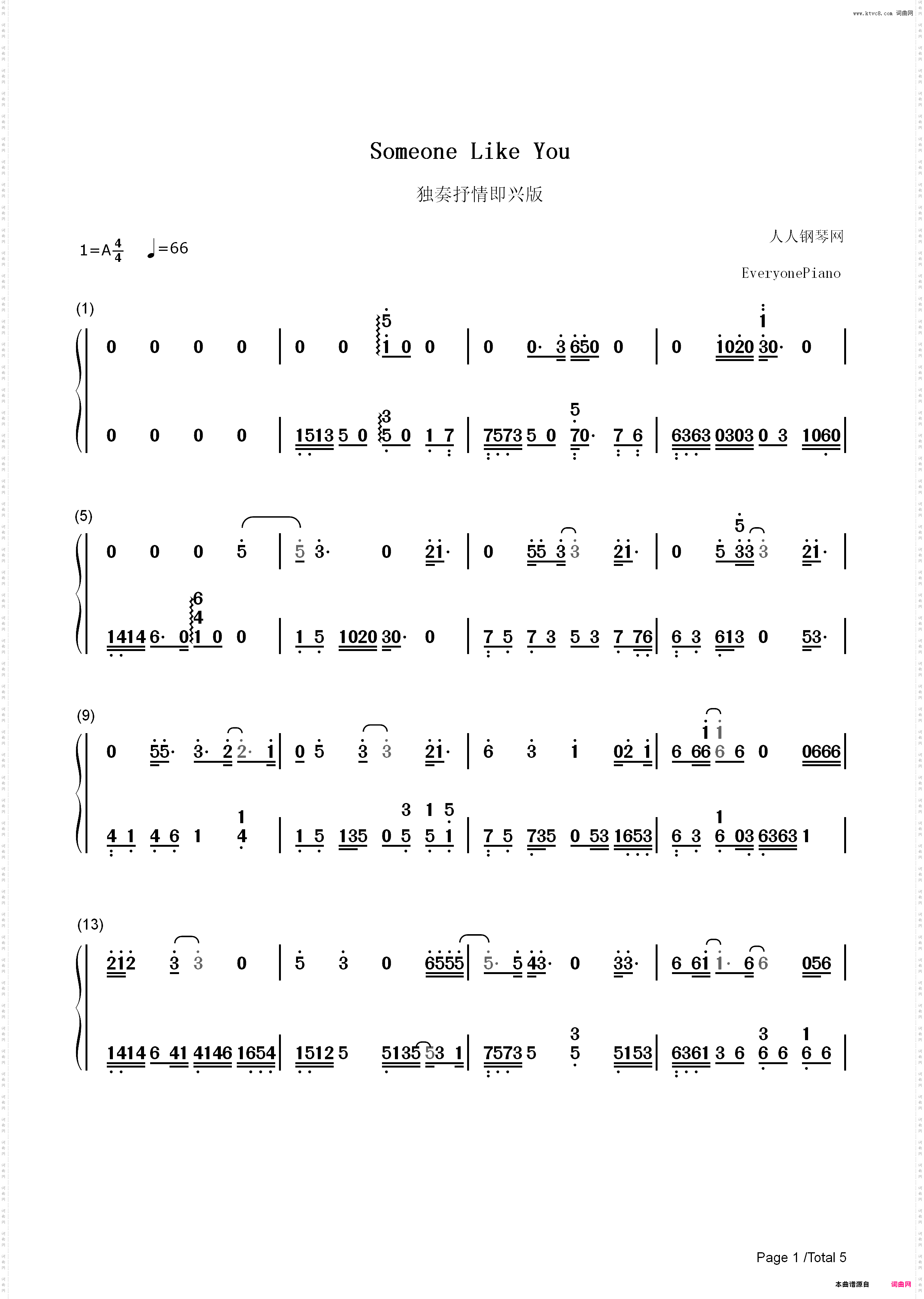 Someone Like You-Adele专辑《21》_简谱版