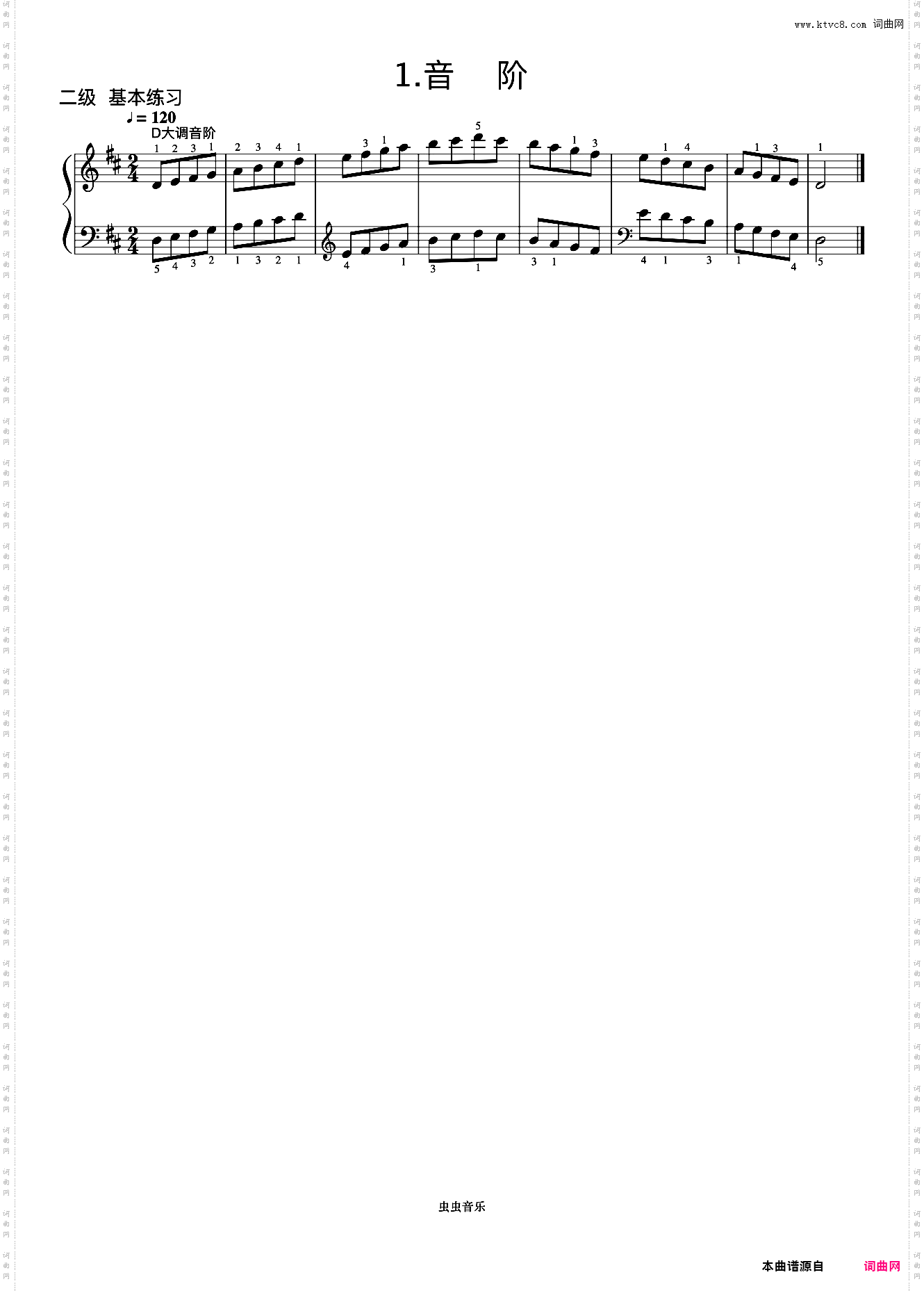 2级 D大调音阶《中央院钢琴考级曲目 1-6级》
