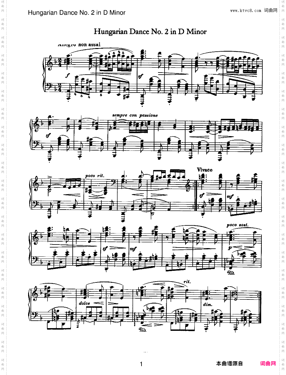 10首匈牙利舞曲 独奏版Brahms Hungarian Dance #02 in d solo