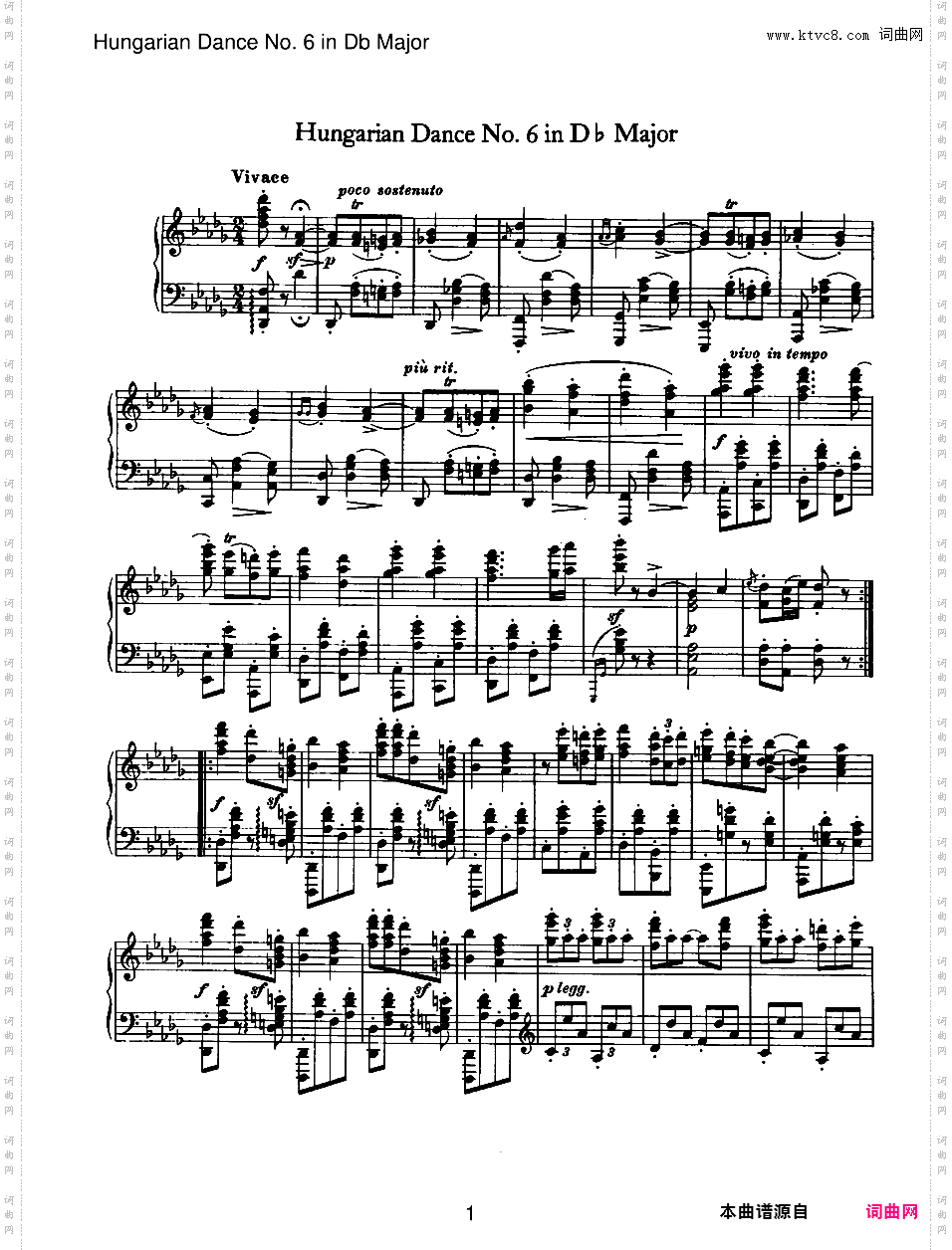 10首匈牙利舞曲 独奏版Brahms Hungarian Dance #06 in Db solo