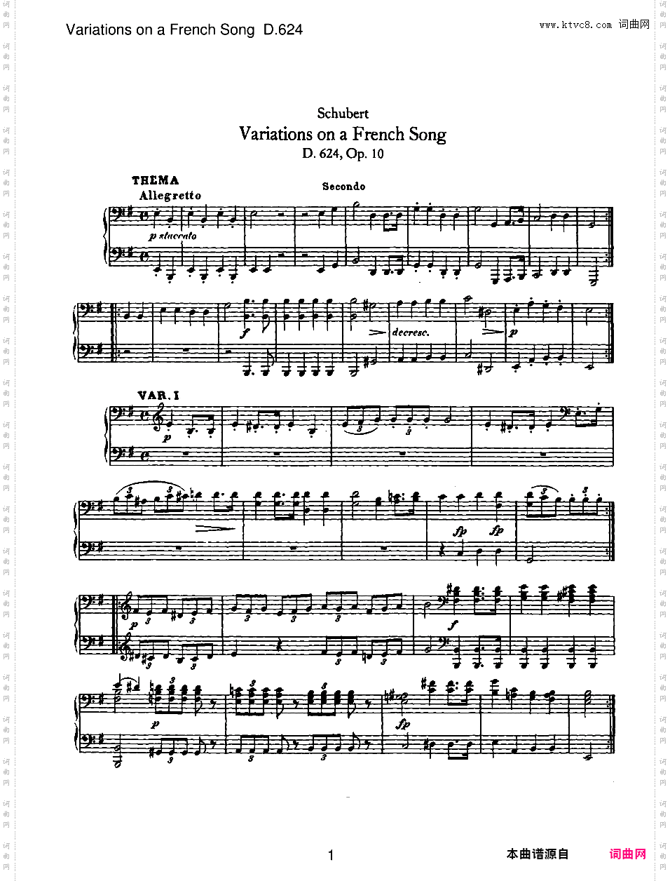 法国歌曲变奏曲 Variations on a French Song Op·10 D·624- 四手联弹