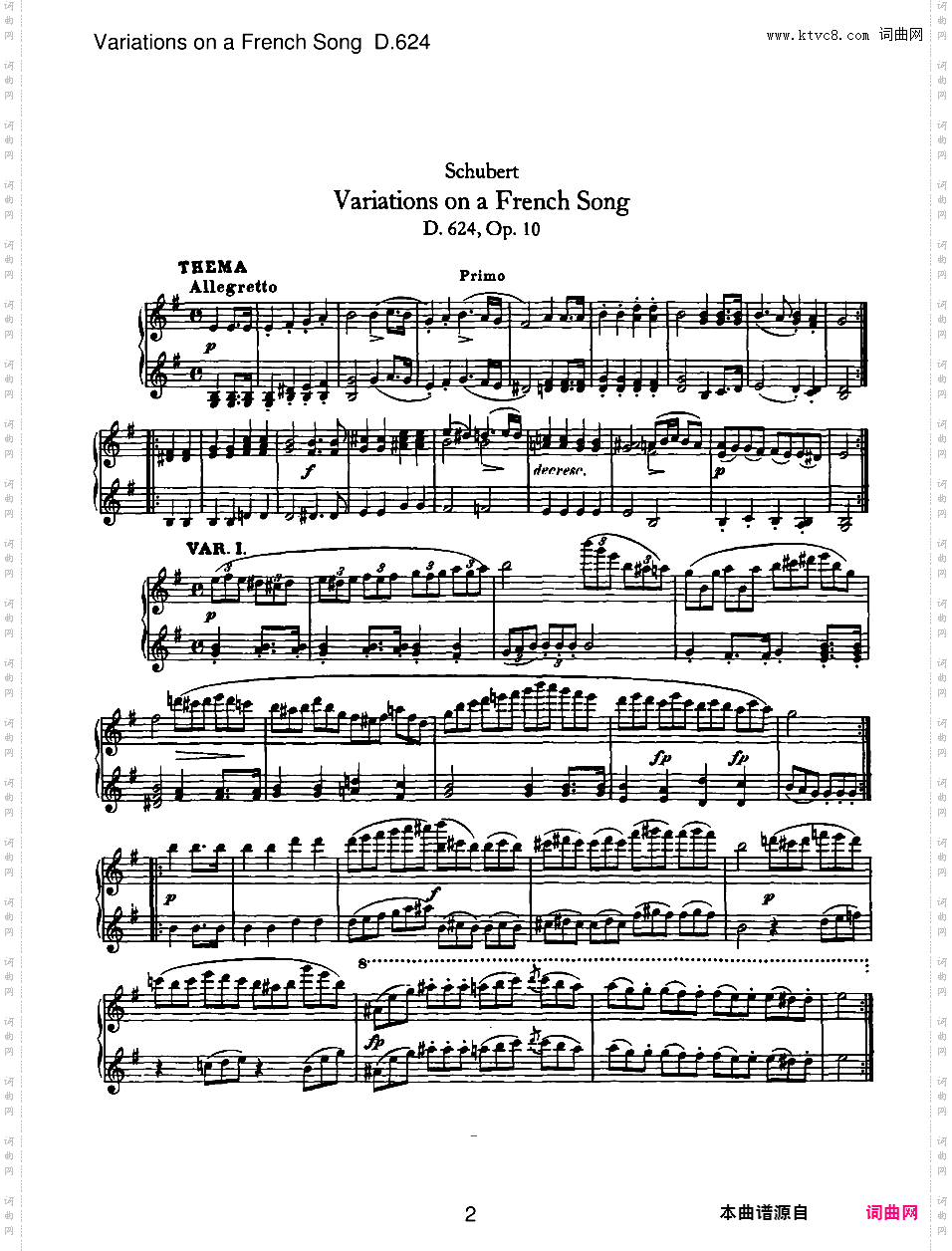 法国歌曲变奏曲 Variations on a French Song Op·10 D·624- 四手联弹