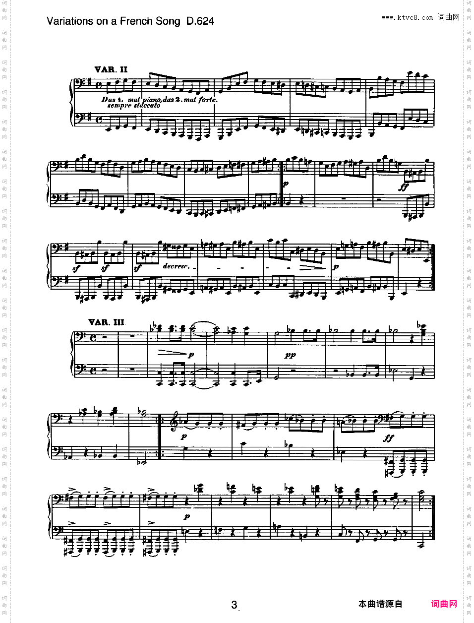 法国歌曲变奏曲 Variations on a French Song Op·10 D·624- 四手联弹