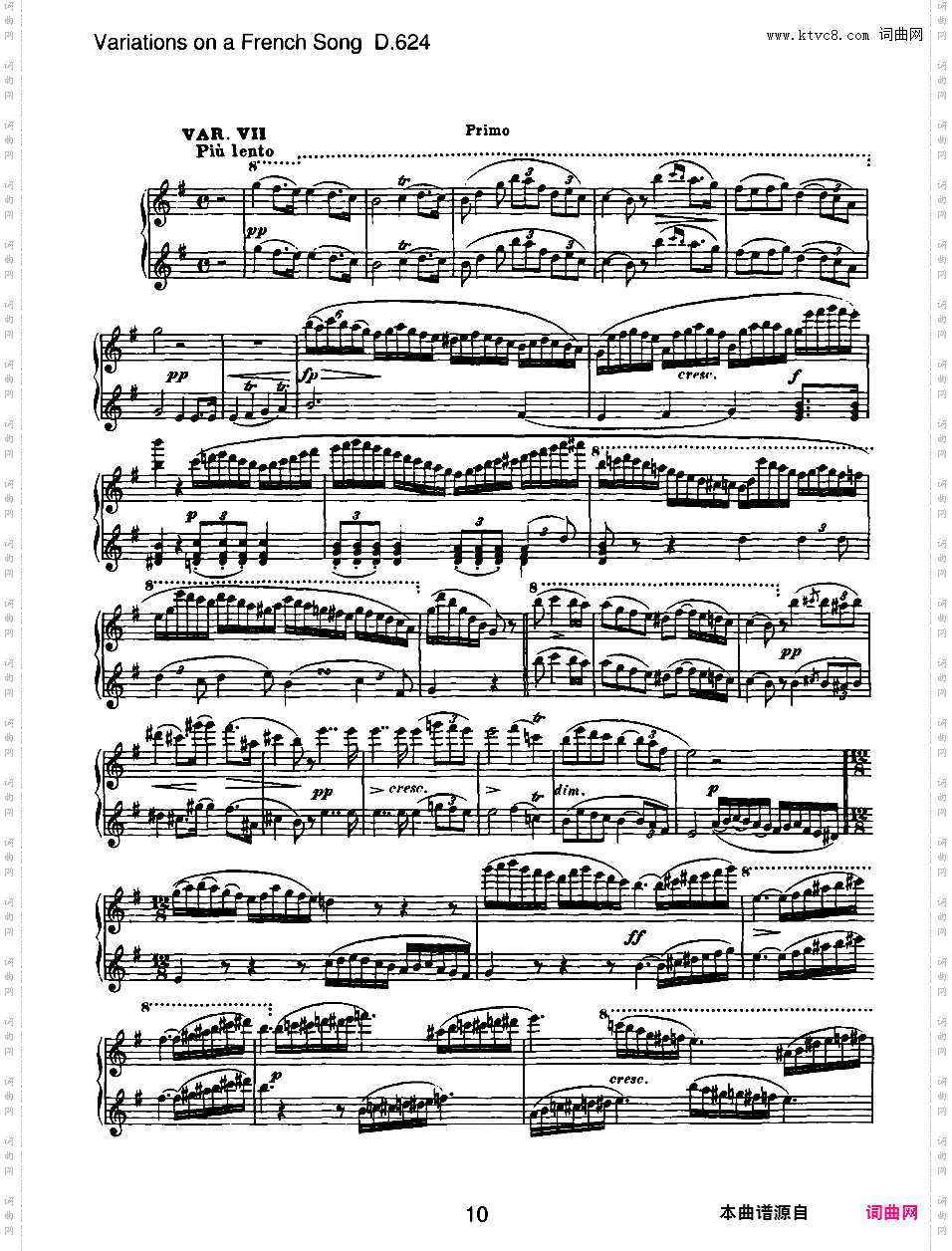 法国歌曲变奏曲 Variations on a French Song Op·10 D·624- 四手联弹