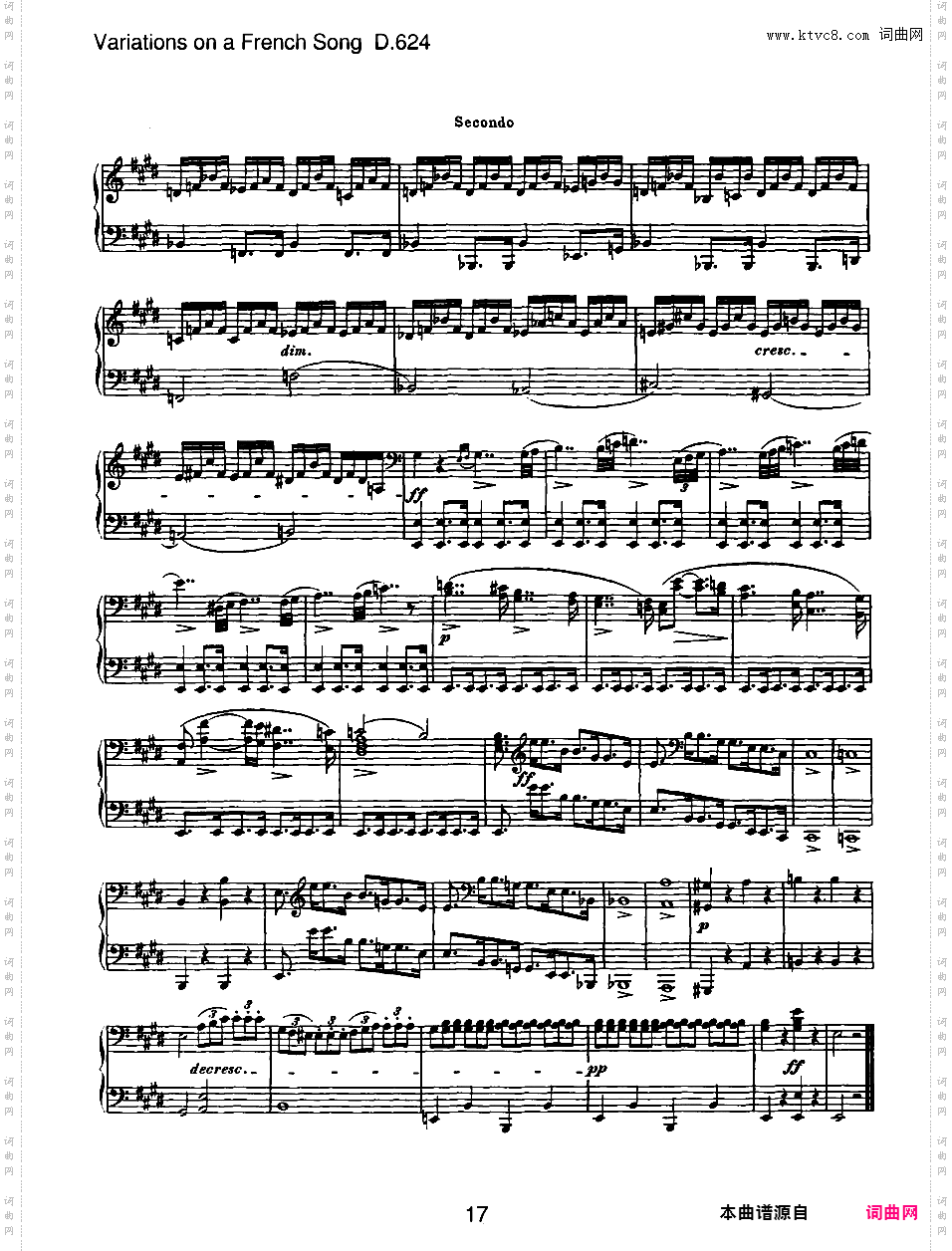 法国歌曲变奏曲 Variations on a French Song Op·10 D·624- 四手联弹