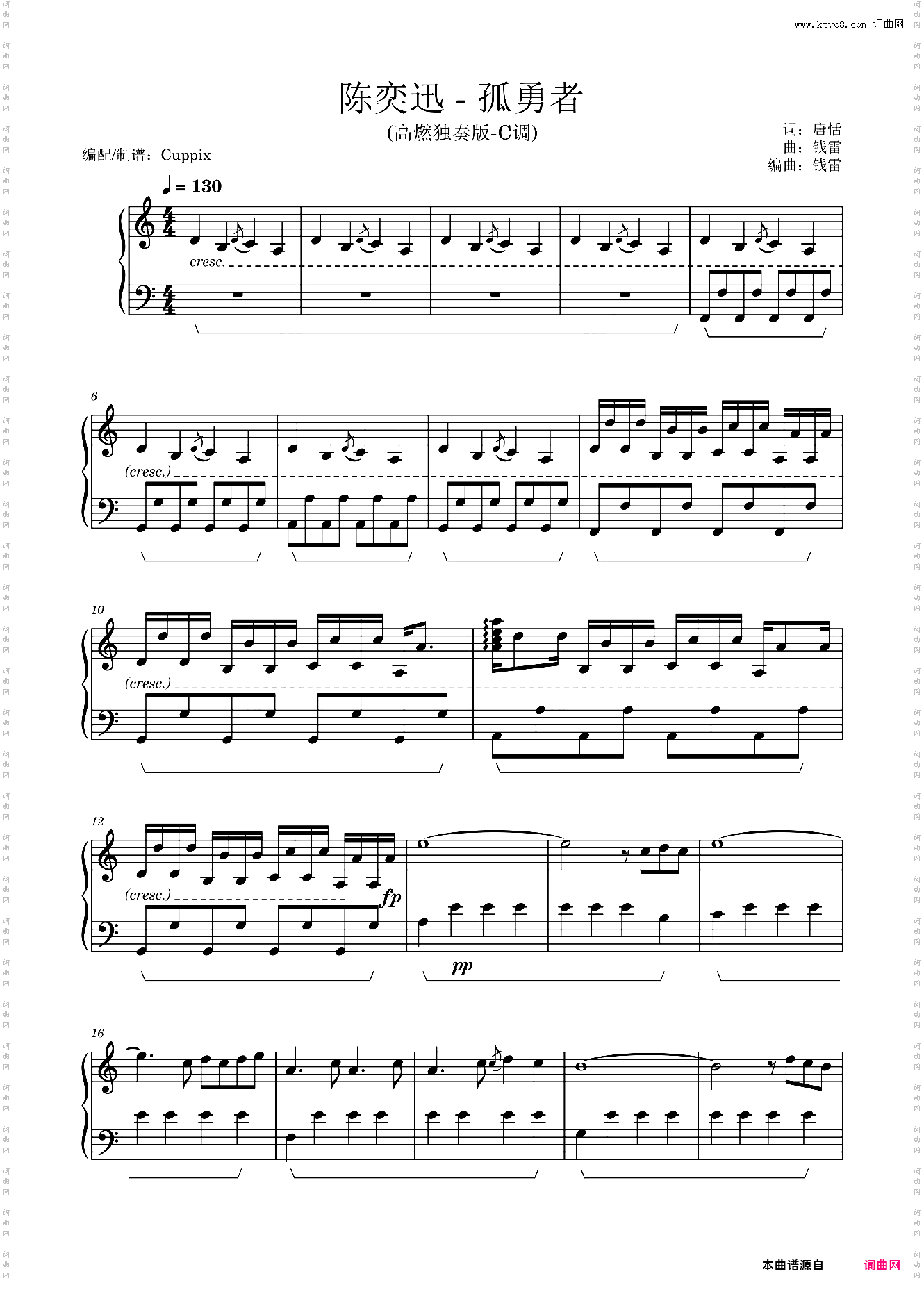 陈奕迅《孤勇者》Cuppix编配-高燃独奏-C调版《英雄联盟：双城之战》动画剧集中文主题曲，Arcane