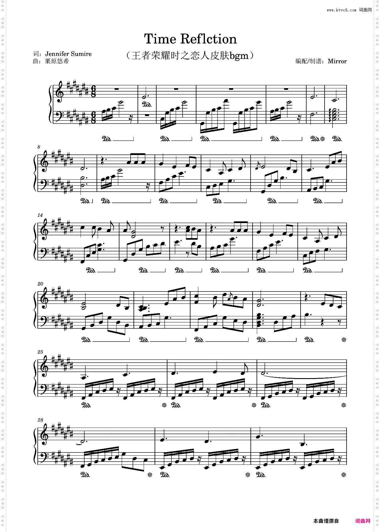钢琴原调 Time Reflection王者荣耀时之恋人bgm