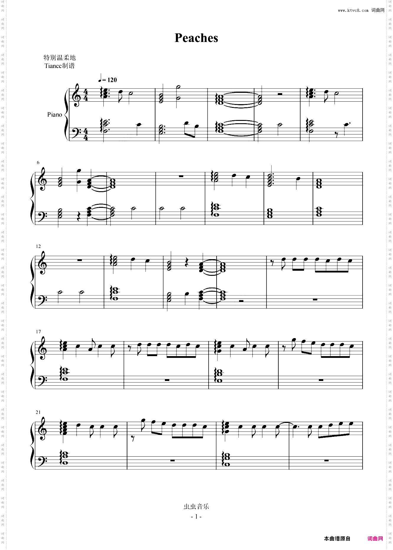 《Peaches》贾斯丁比伯，柔情简单版，拜厄+难度