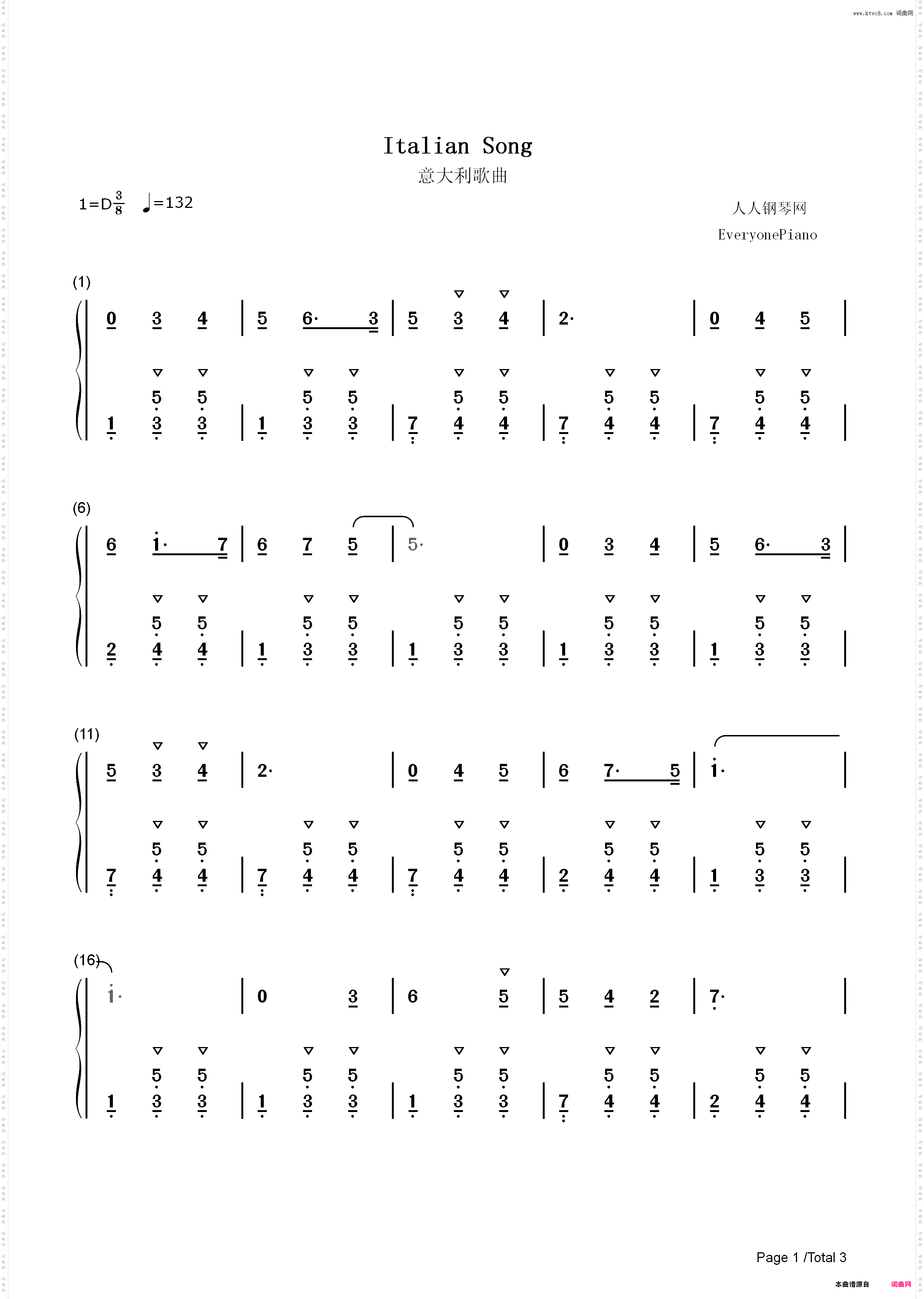 意大利歌曲-意大利随想曲-柴可夫斯基_简谱版