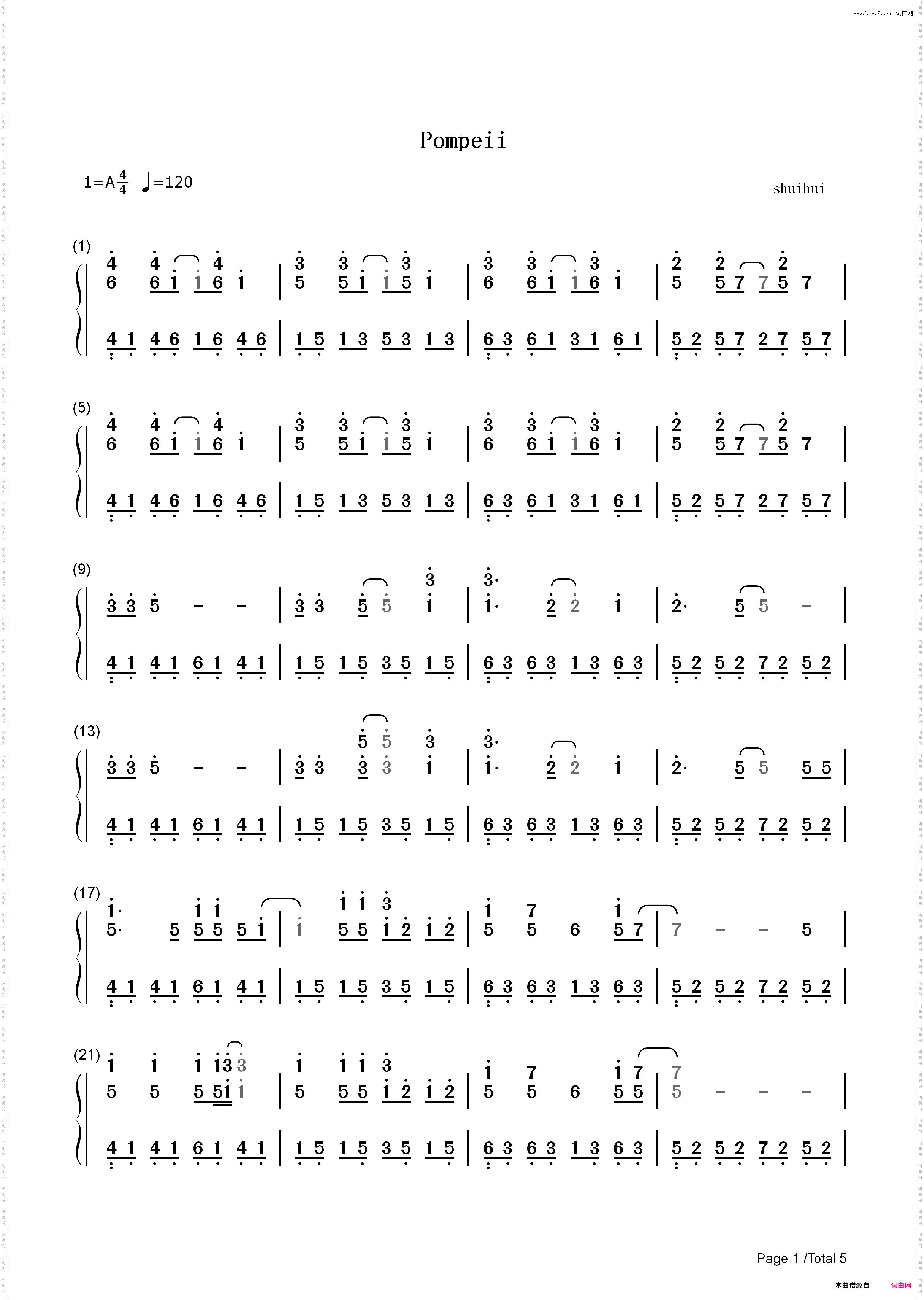 Pompeii简单版-Bastille_简谱版