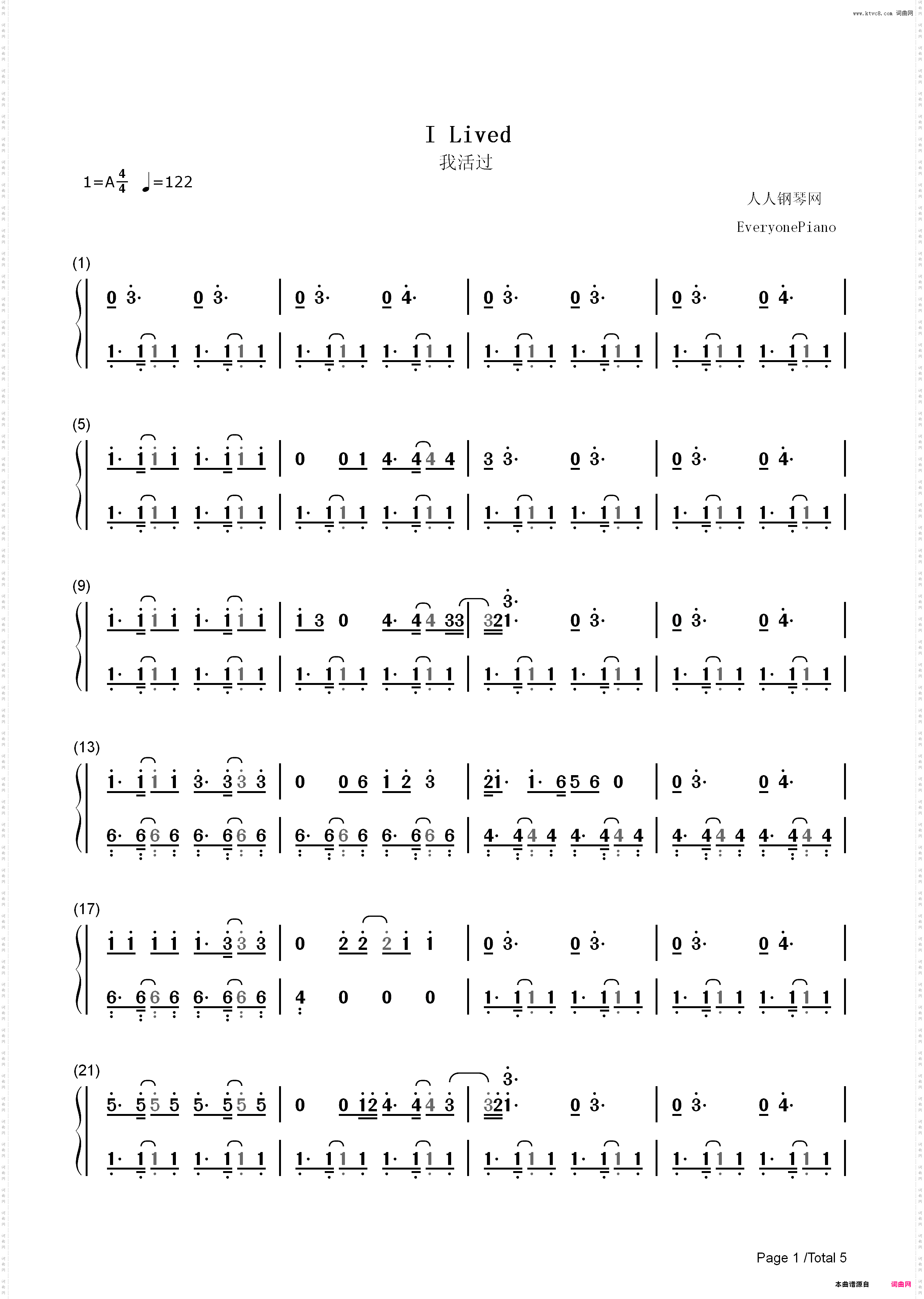 I Lived-OneRepublic_简谱版