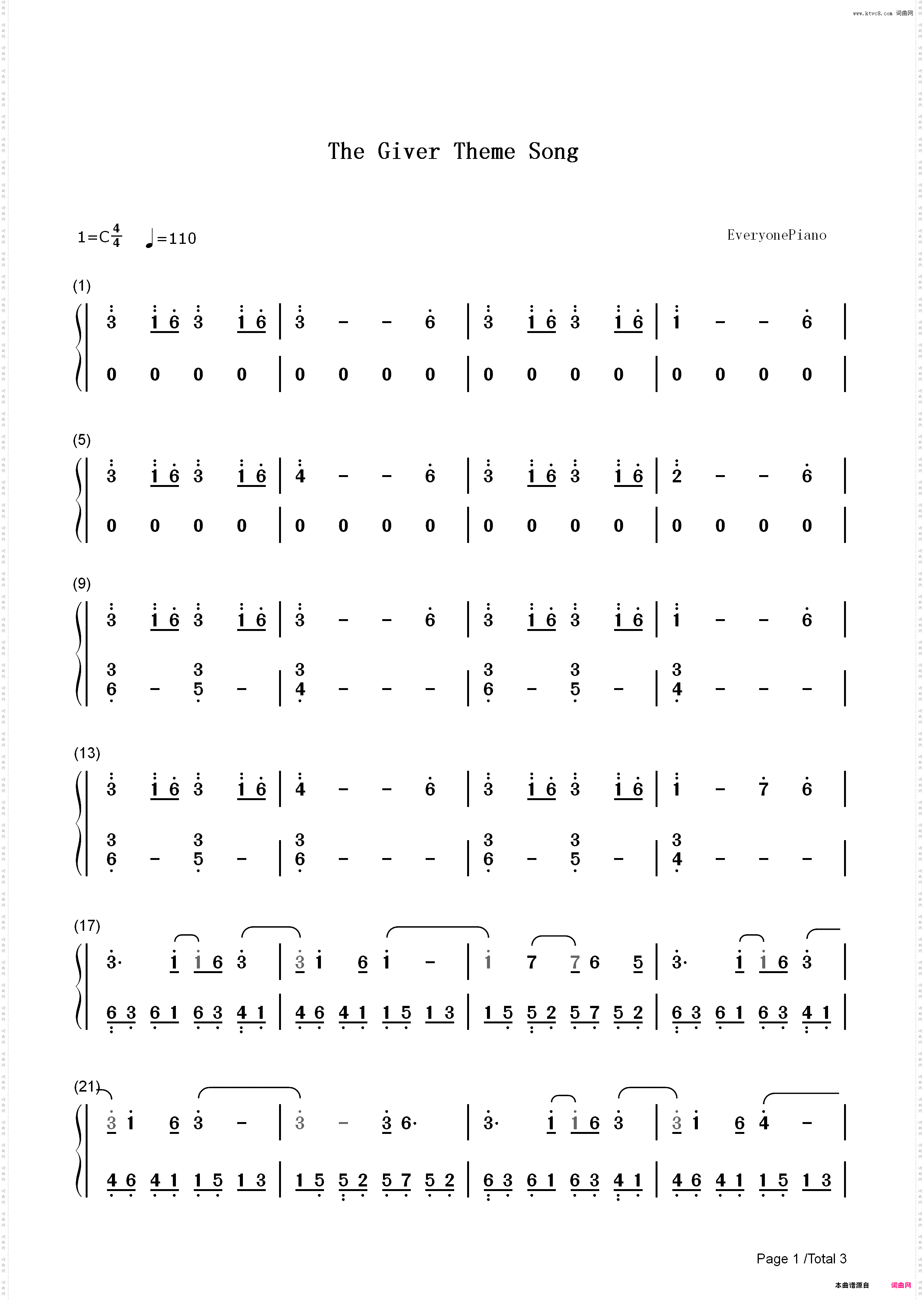 Rosemarys Song-The Giver主题曲_简谱版