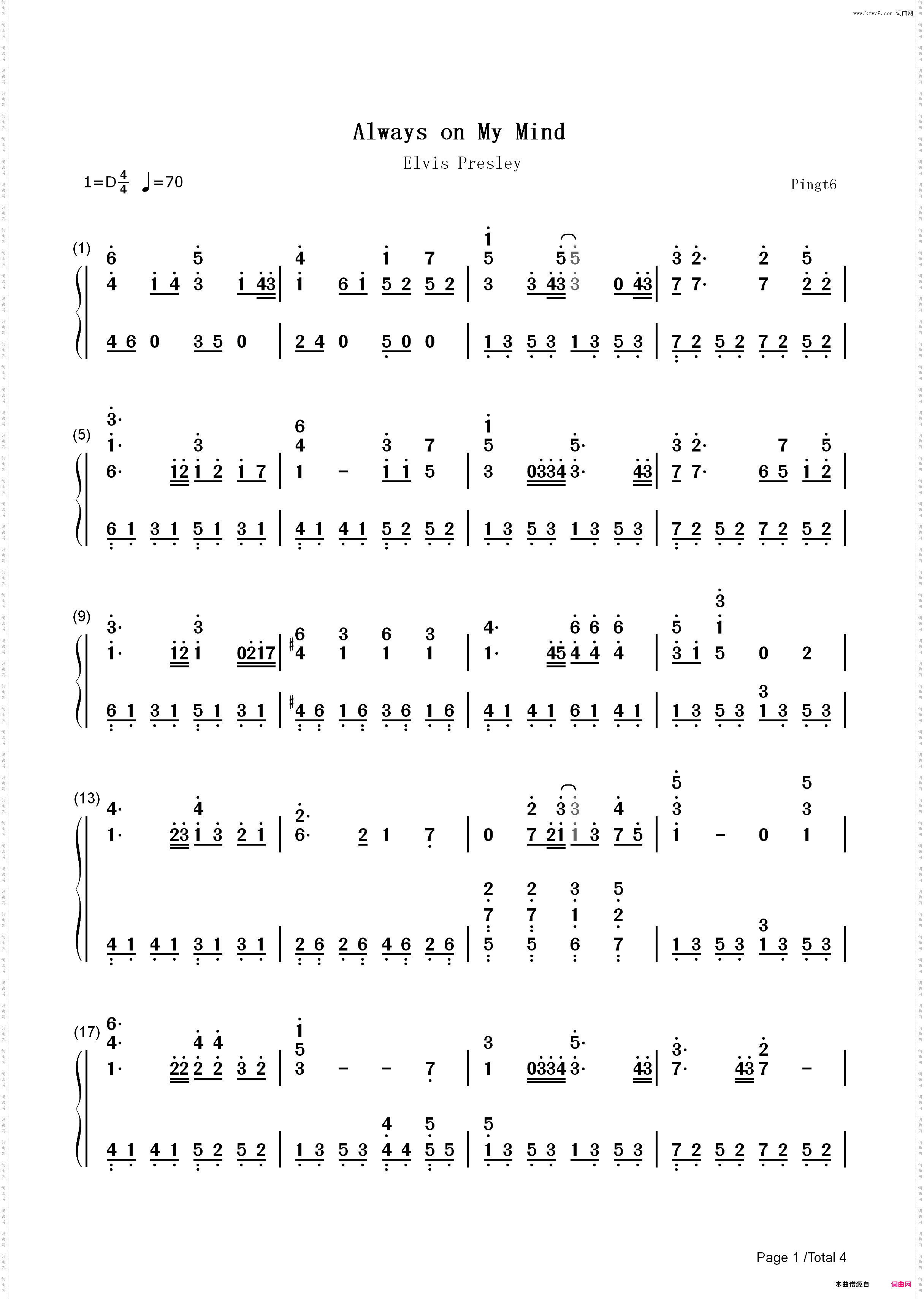 Always on My Mind-Elvis Presley_简谱版