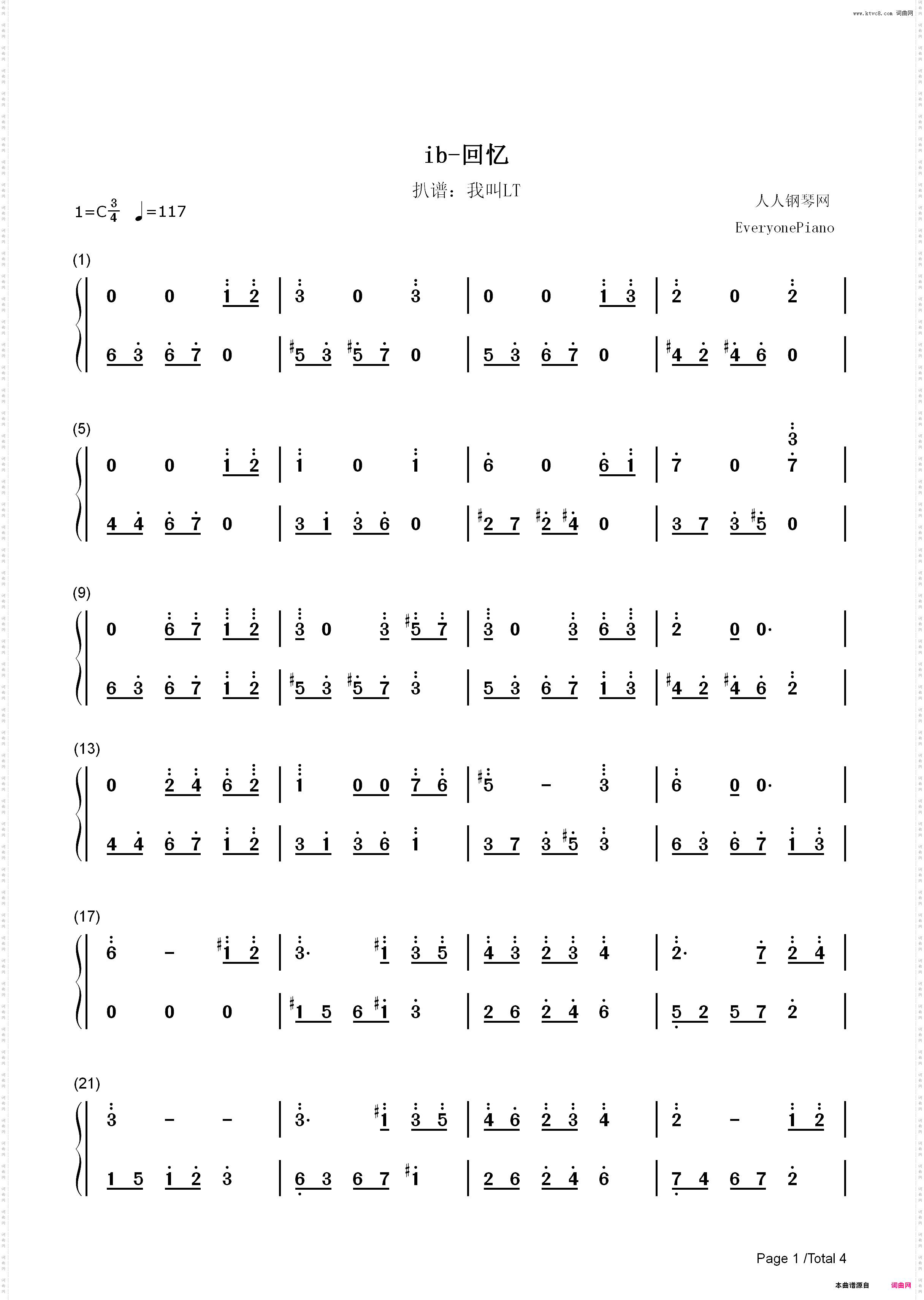 Memory-回忆-IB 恐怖美术馆主题曲_简谱版