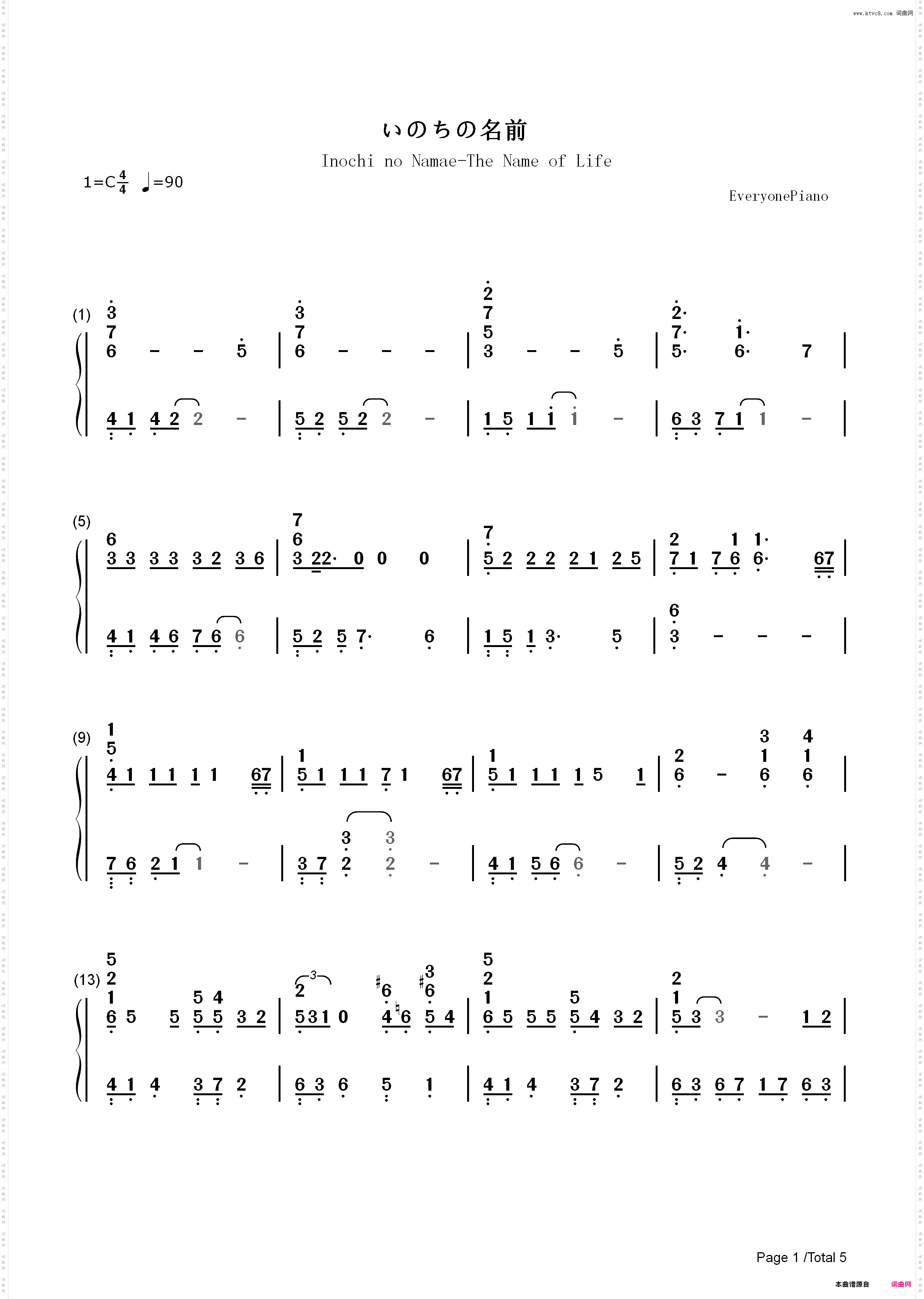 いのちの名前-千与千寻主题歌_简谱版