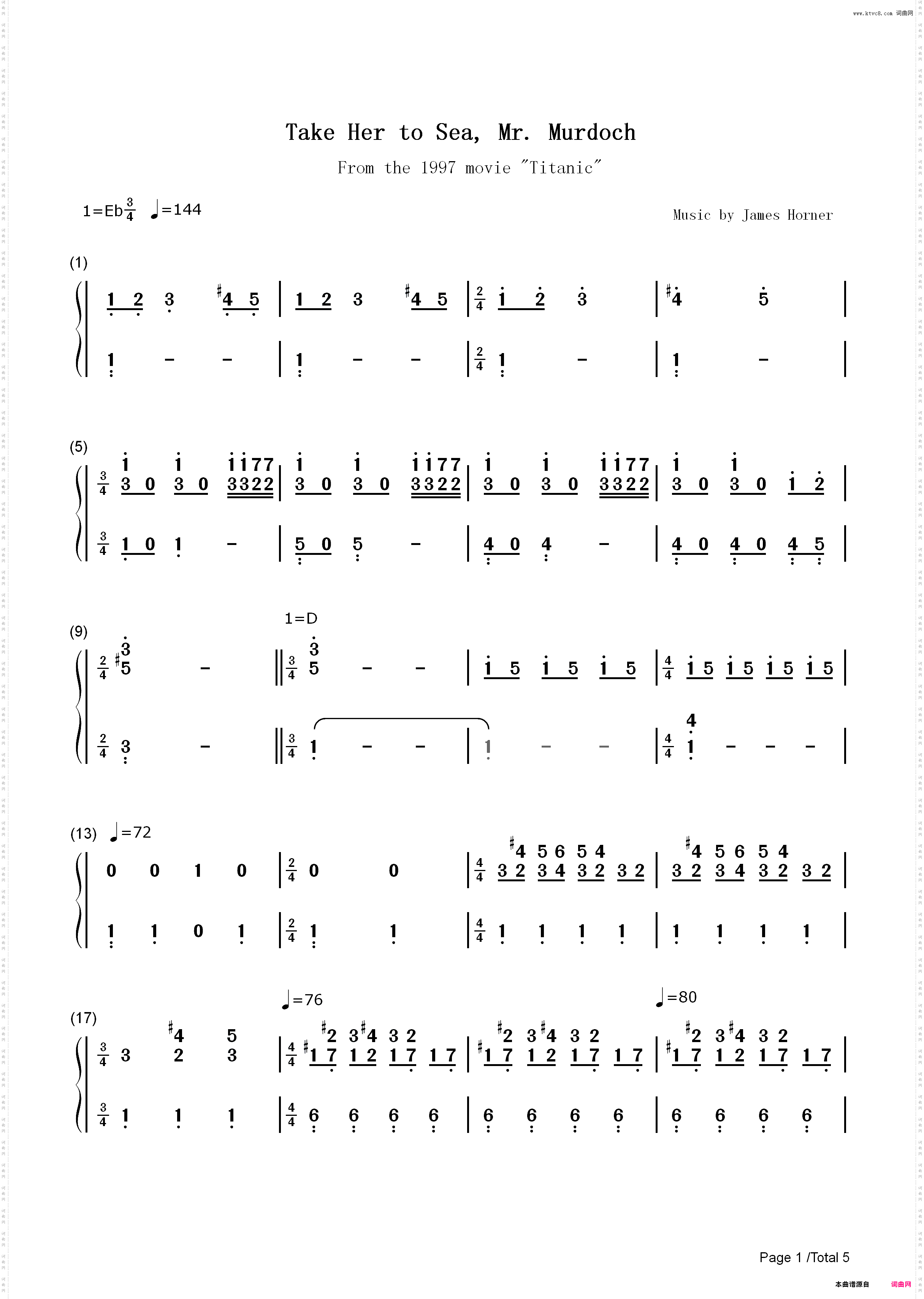 Take Her to Sea Mr· Murdoch-泰坦尼克号 OST_简谱版