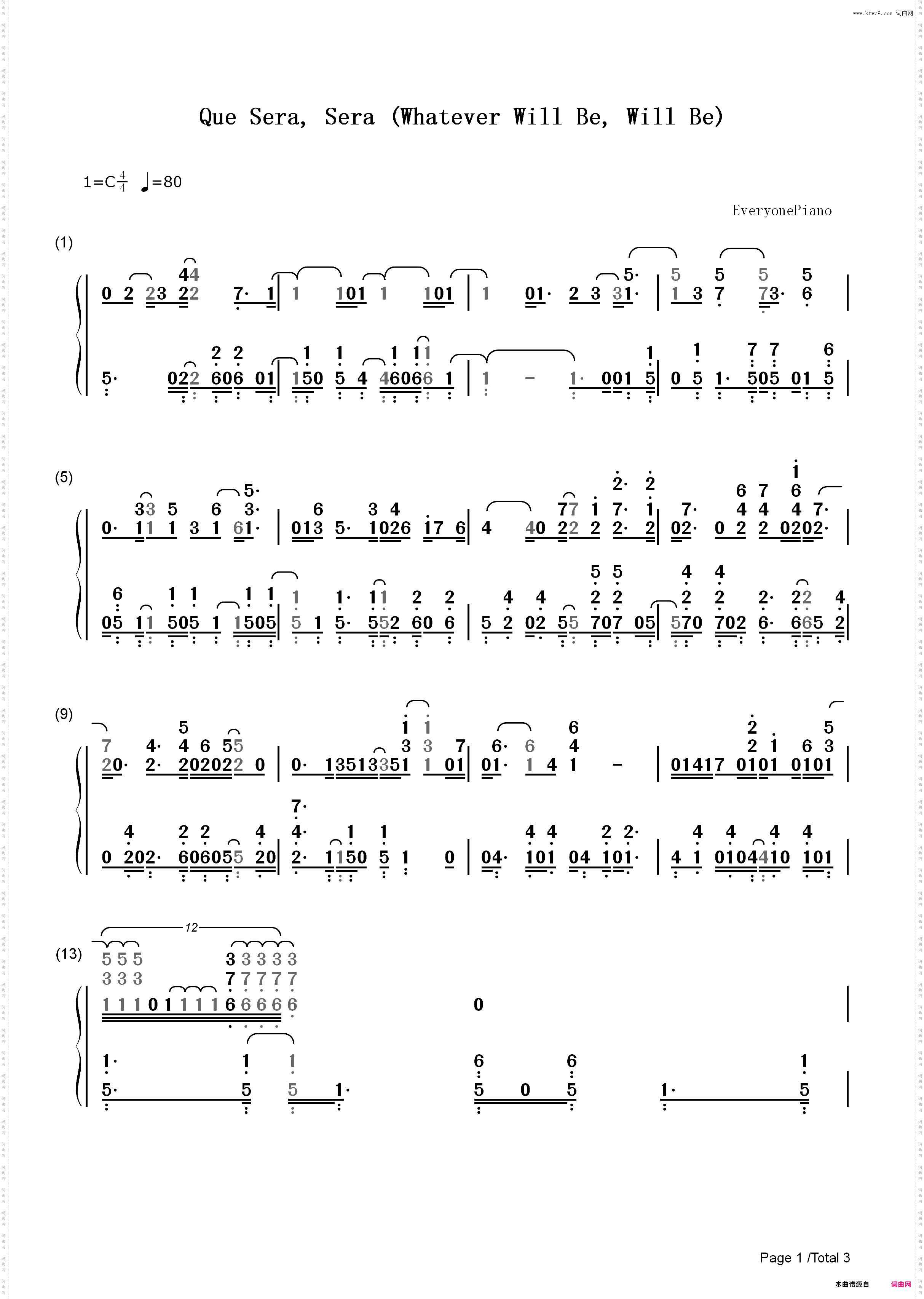 Que Sera Sera Whatever Will Be Will Be-擒凶记插曲_简谱版