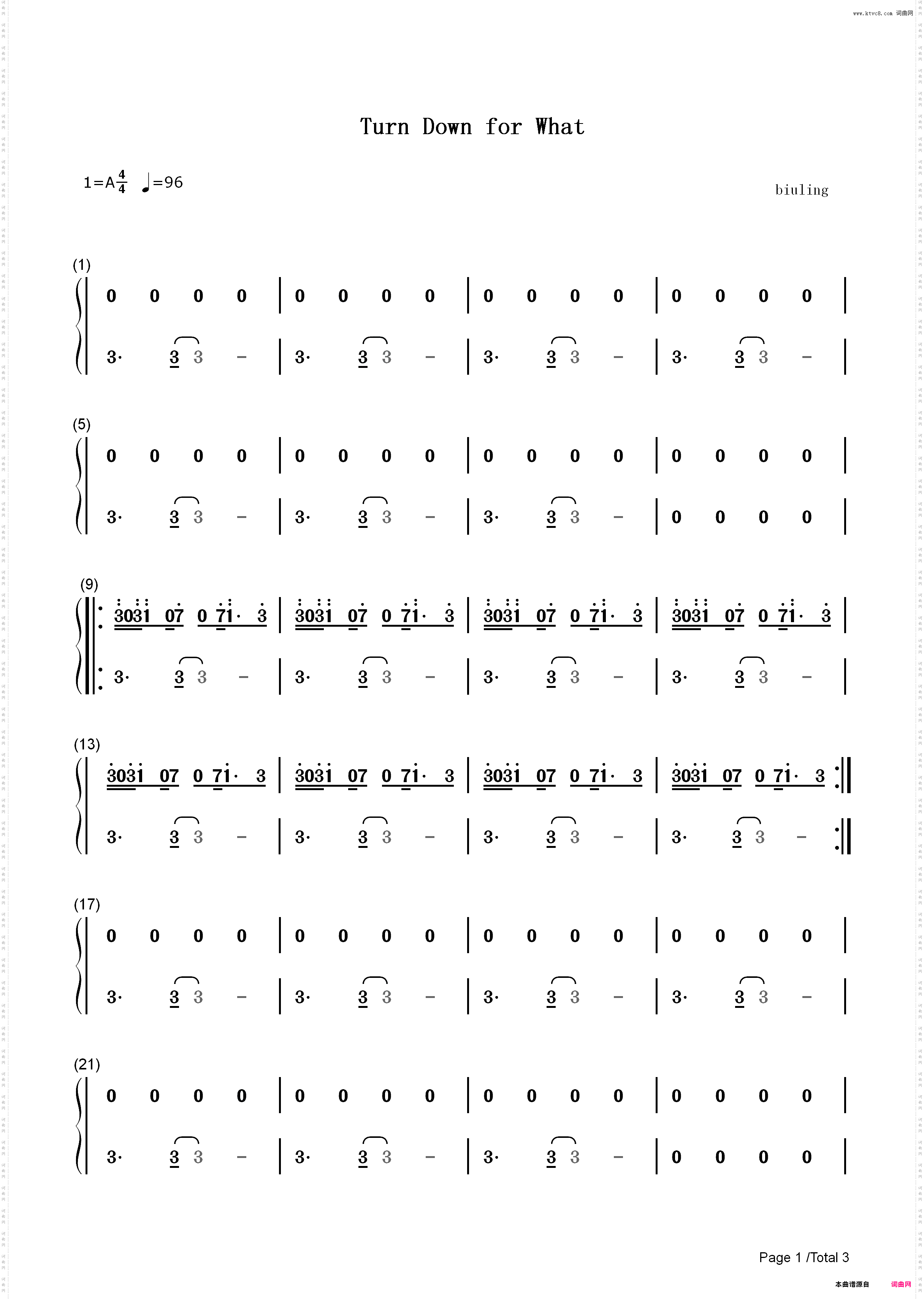 Turn Down for What-DJ Snake & Lil Jon_简谱版