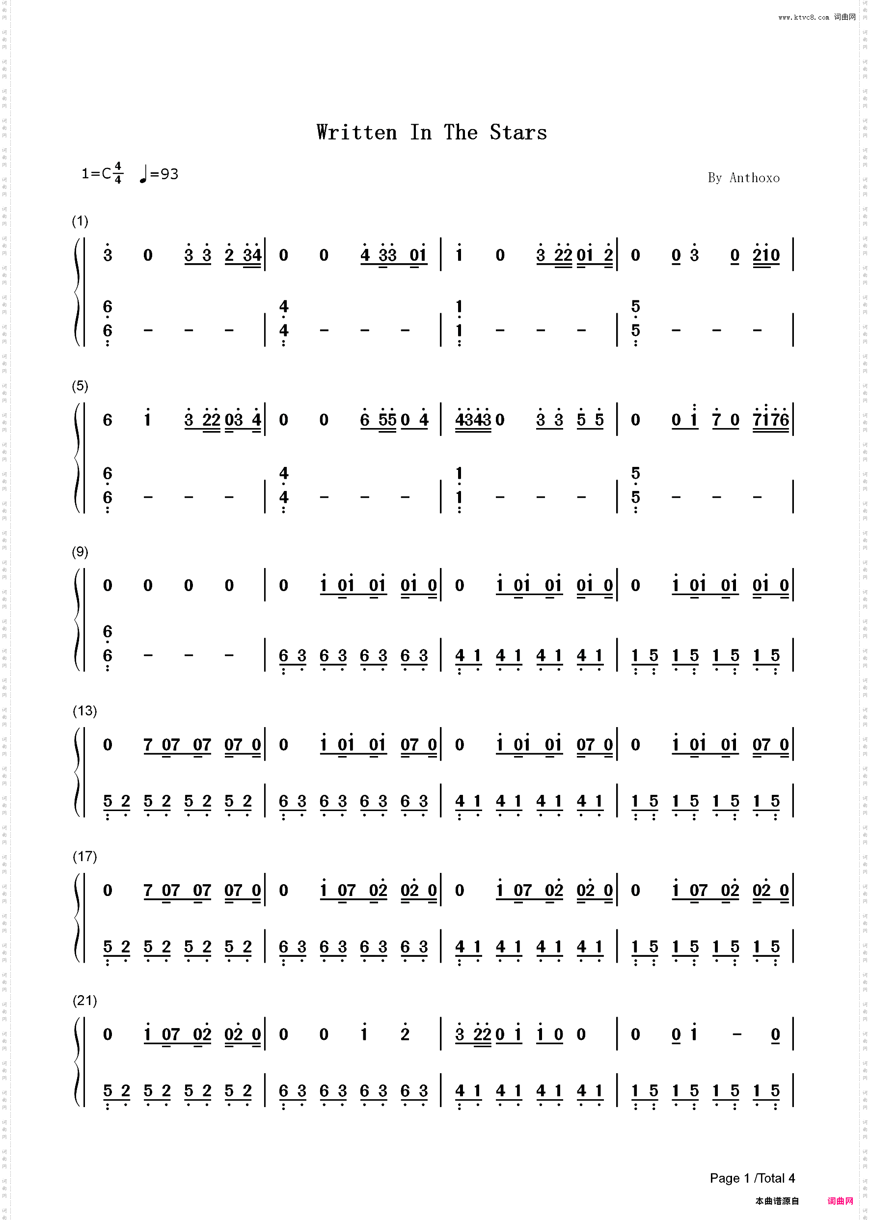 Written in the Stars-Tinie Tempah_简谱版