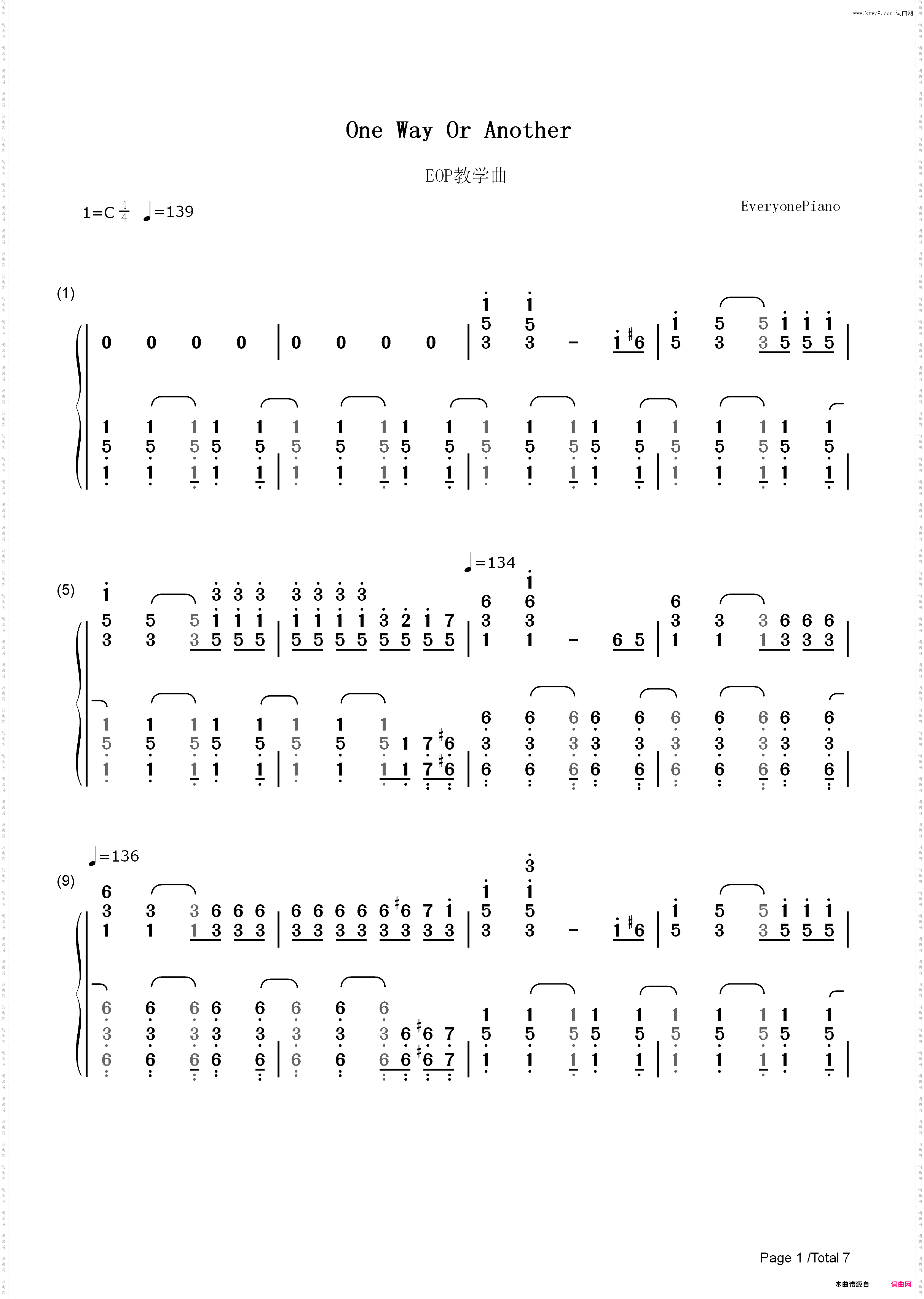 One Way Or Another Teenage Kicks-One Direction_简谱版