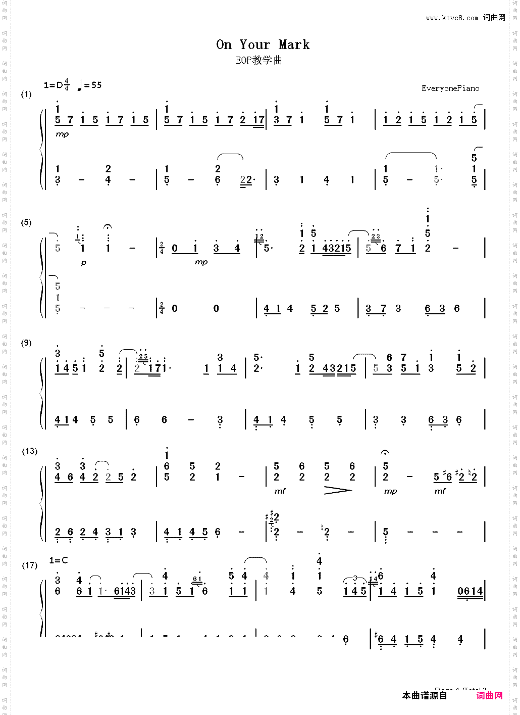 ON YOUR MARK-《机动战士高达UC》OST-EOP教学曲_简谱版